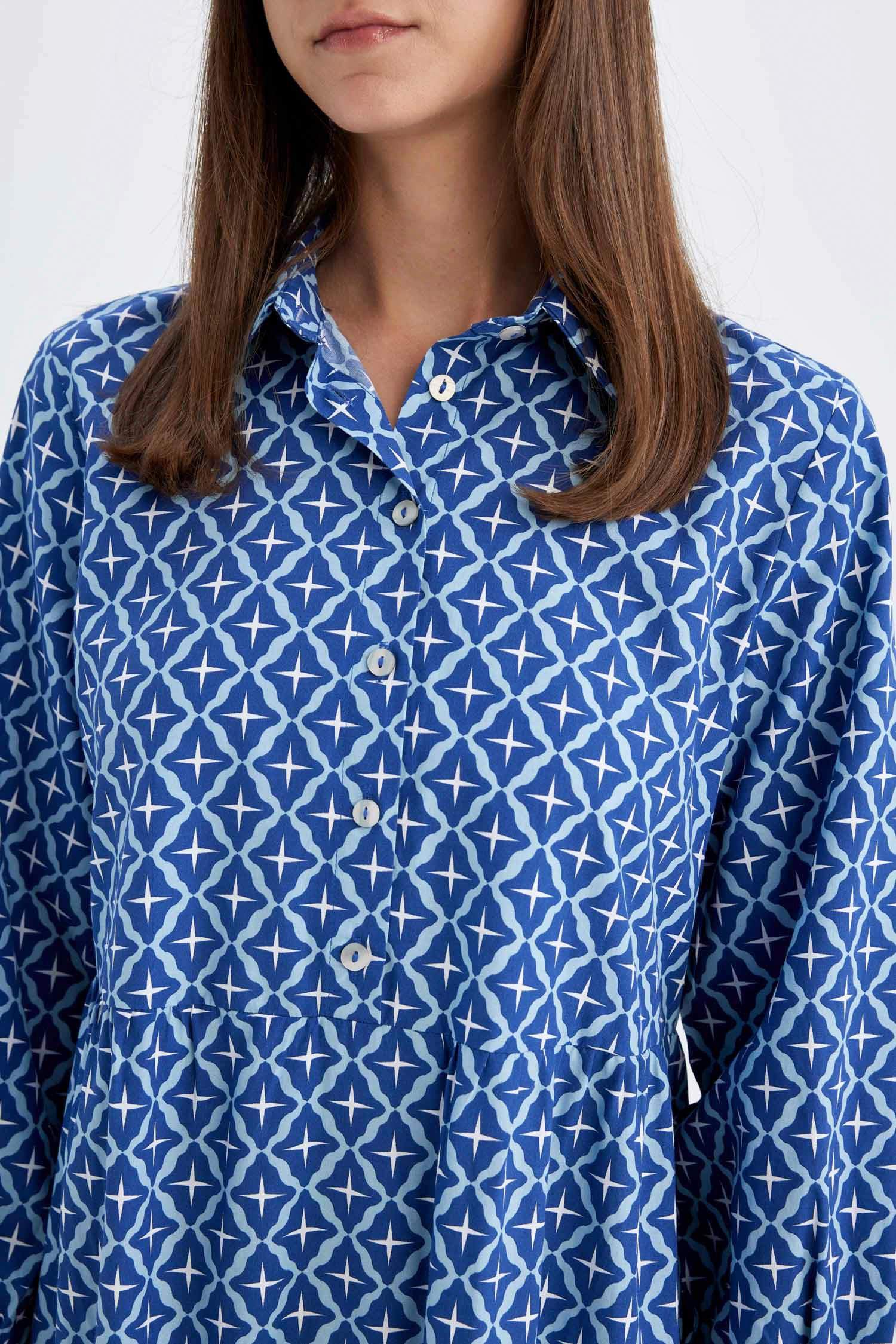 Relax Fit Gömlek Yaka Desenli Poplin Uzun Kollu Maxi Elbise