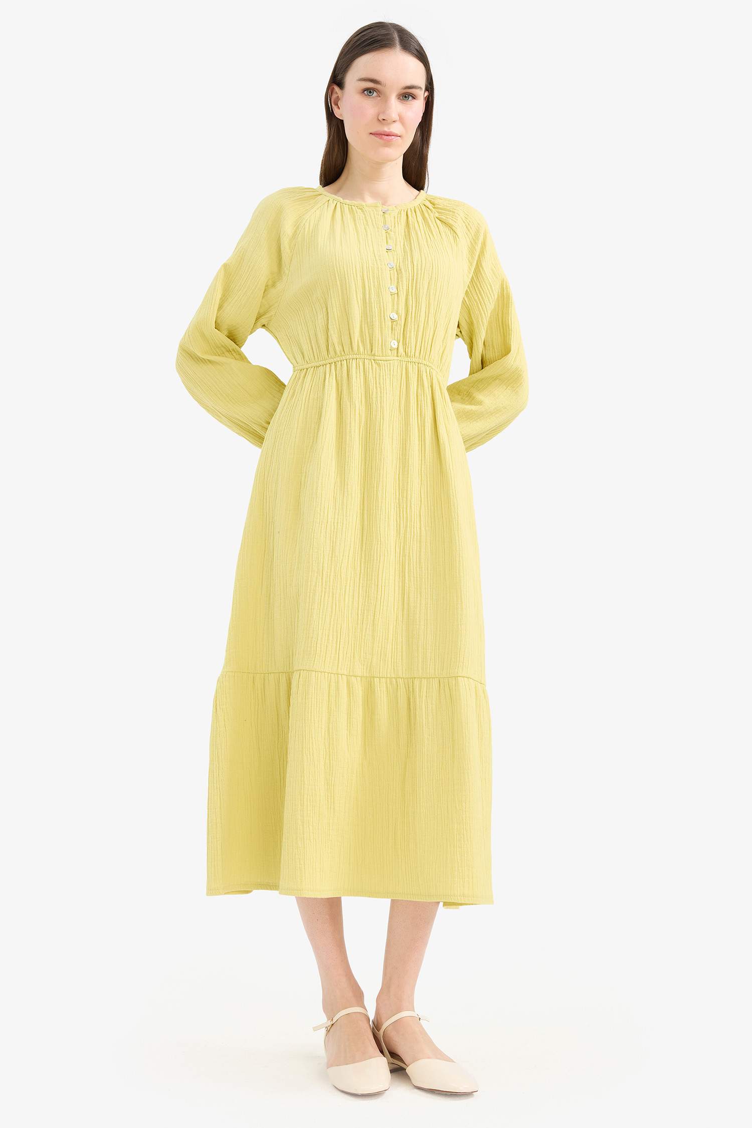 Relax Fit Crew Neck Muslin Raglan Sleeves Dress
