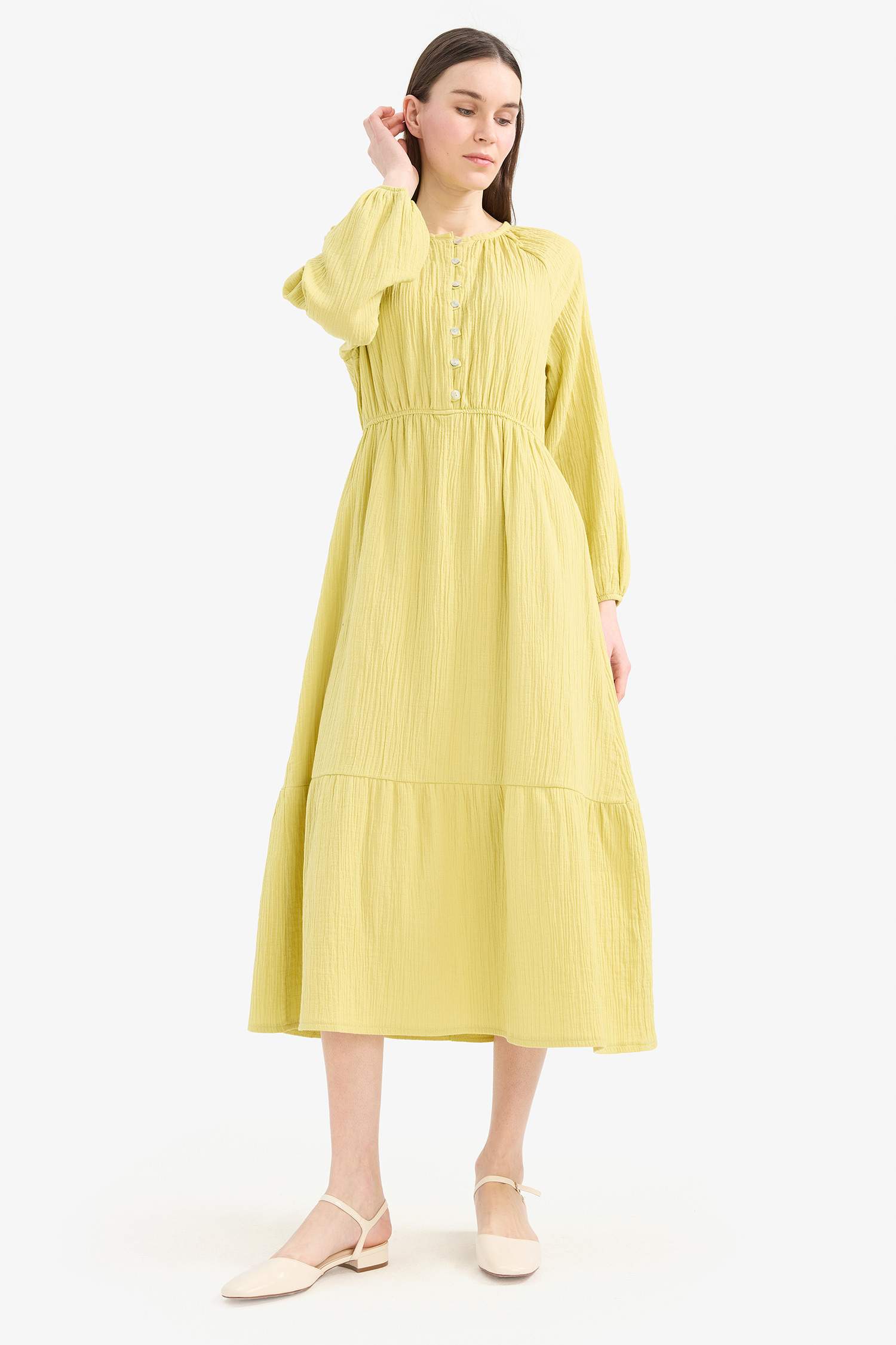 Relax Fit Crew Neck Muslin Raglan Sleeves Dress