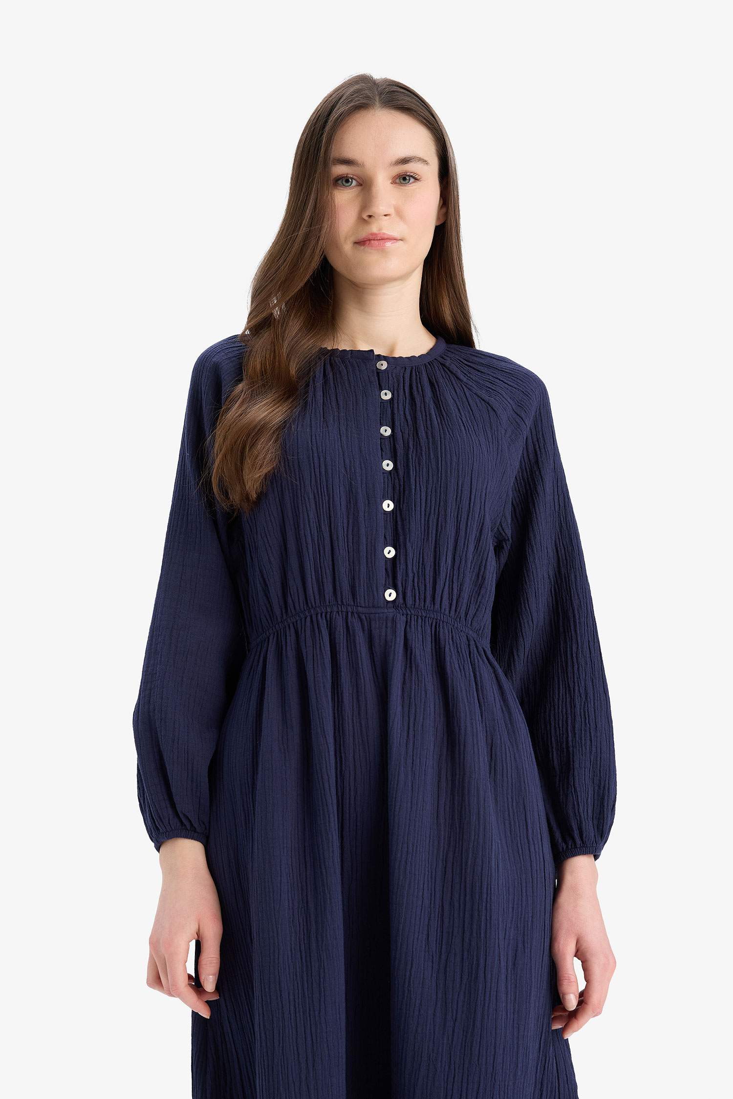 فستان طويل موسلين كم طويل قصة مريحة بياقة مستديرة