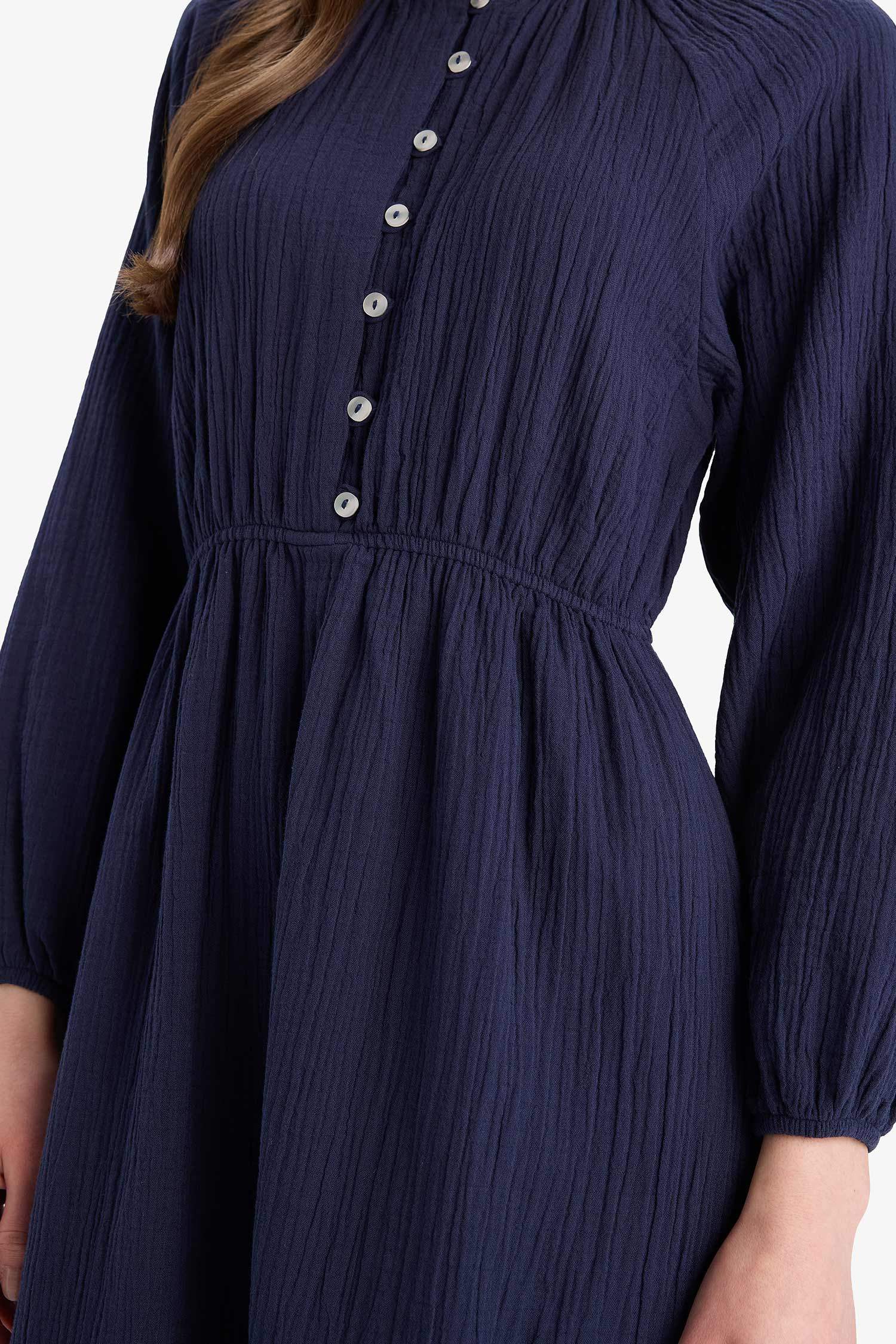 فستان موسلين ردن طويل قصة مريحة بياخة مستديرة