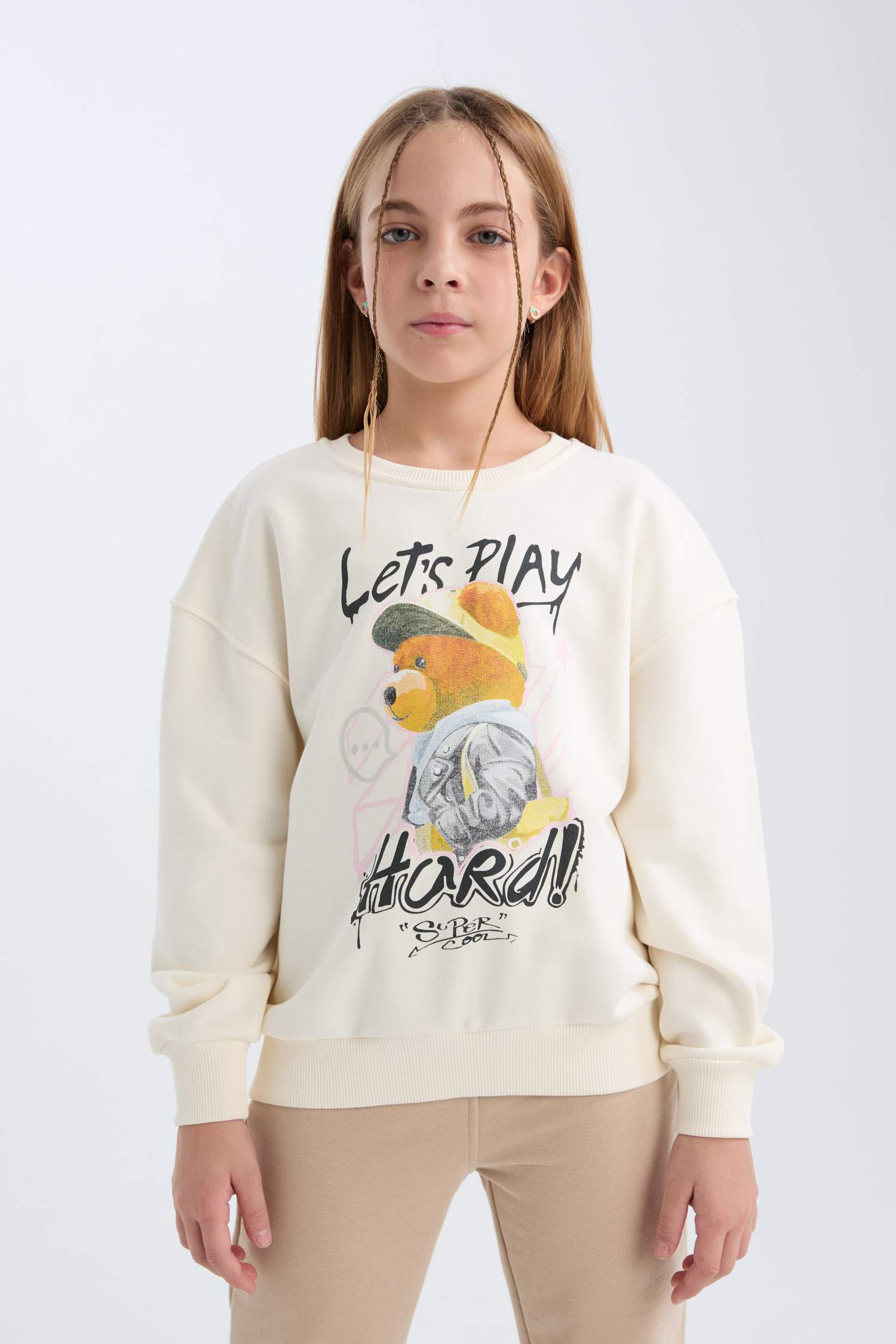 Kız Çocuk Oversize Geniş Kalıp Bisiklet Yaka Ayıcık Baskılı Sweatshirt