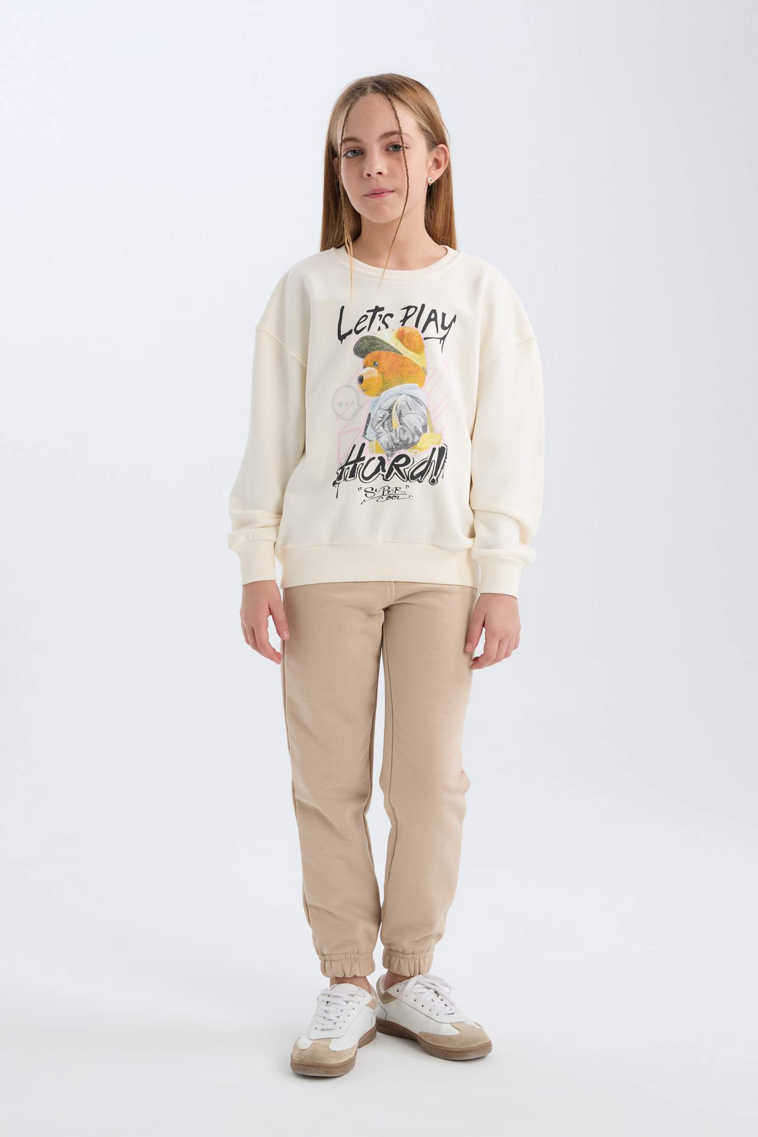 Kız Çocuk Oversize Geniş Kalıp Bisiklet Yaka Ayıcık Baskılı Sweatshirt