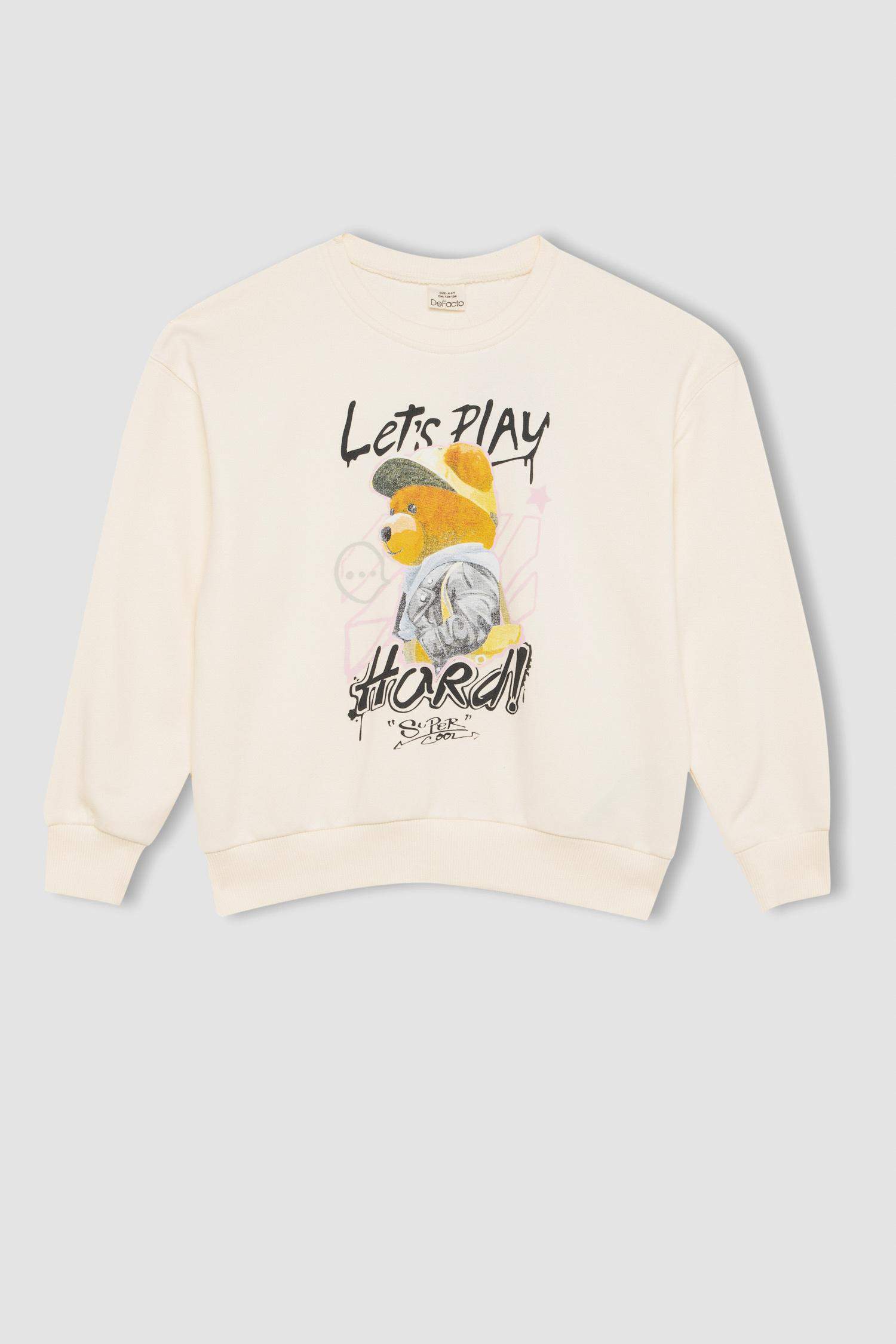 Kız Çocuk Oversize Geniş Kalıp Bisiklet Yaka Ayıcık Baskılı Sweatshirt