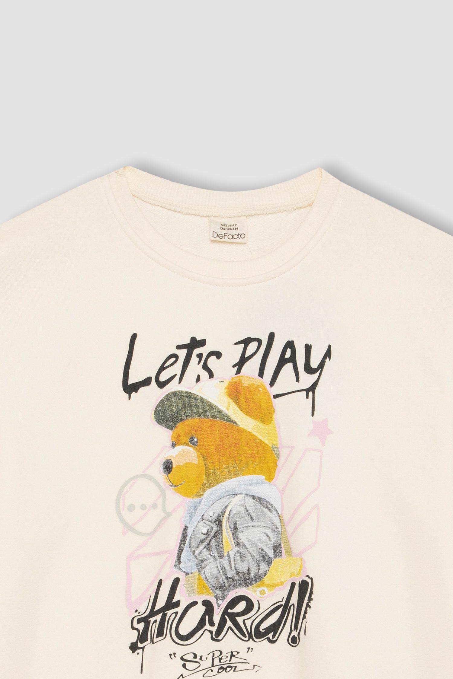 Kız Çocuk Oversize Geniş Kalıp Bisiklet Yaka Ayıcık Baskılı Sweatshirt