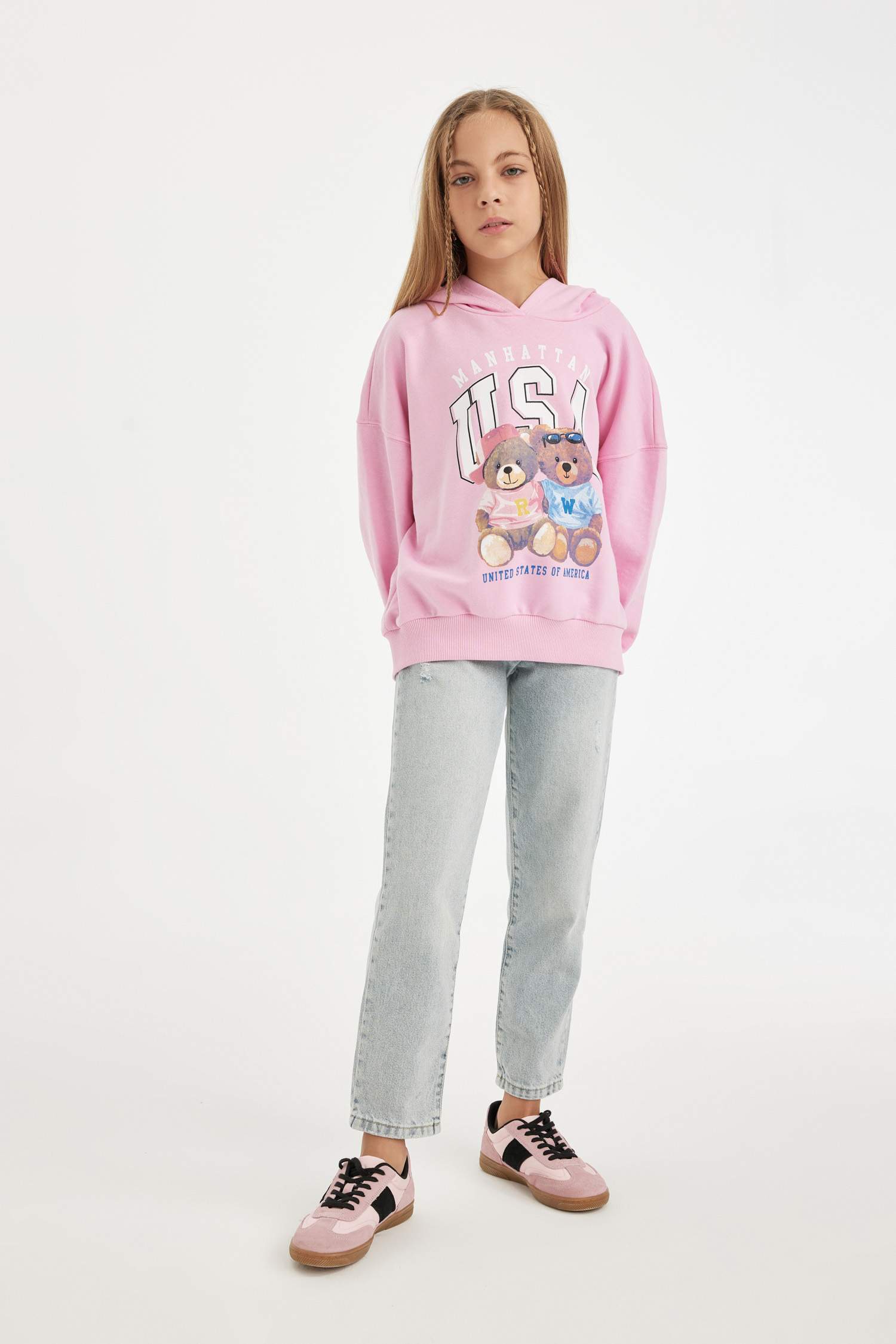 Girl Oversize Fit Hooded Bear Printed Sweatshirt