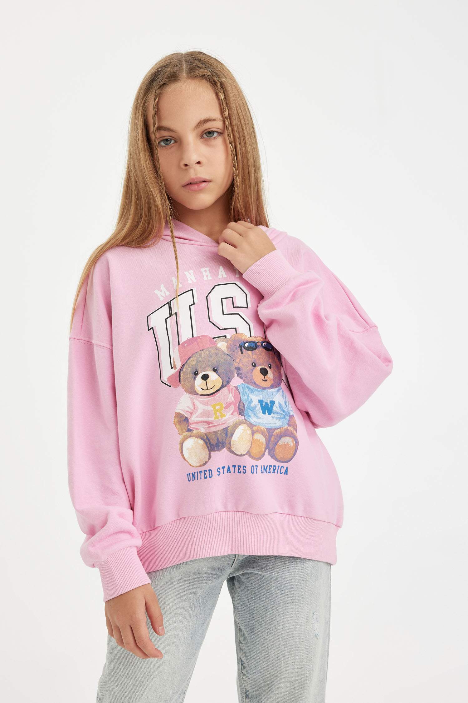 Girl Oversize Fit Hooded Bear Printed Sweatshirt