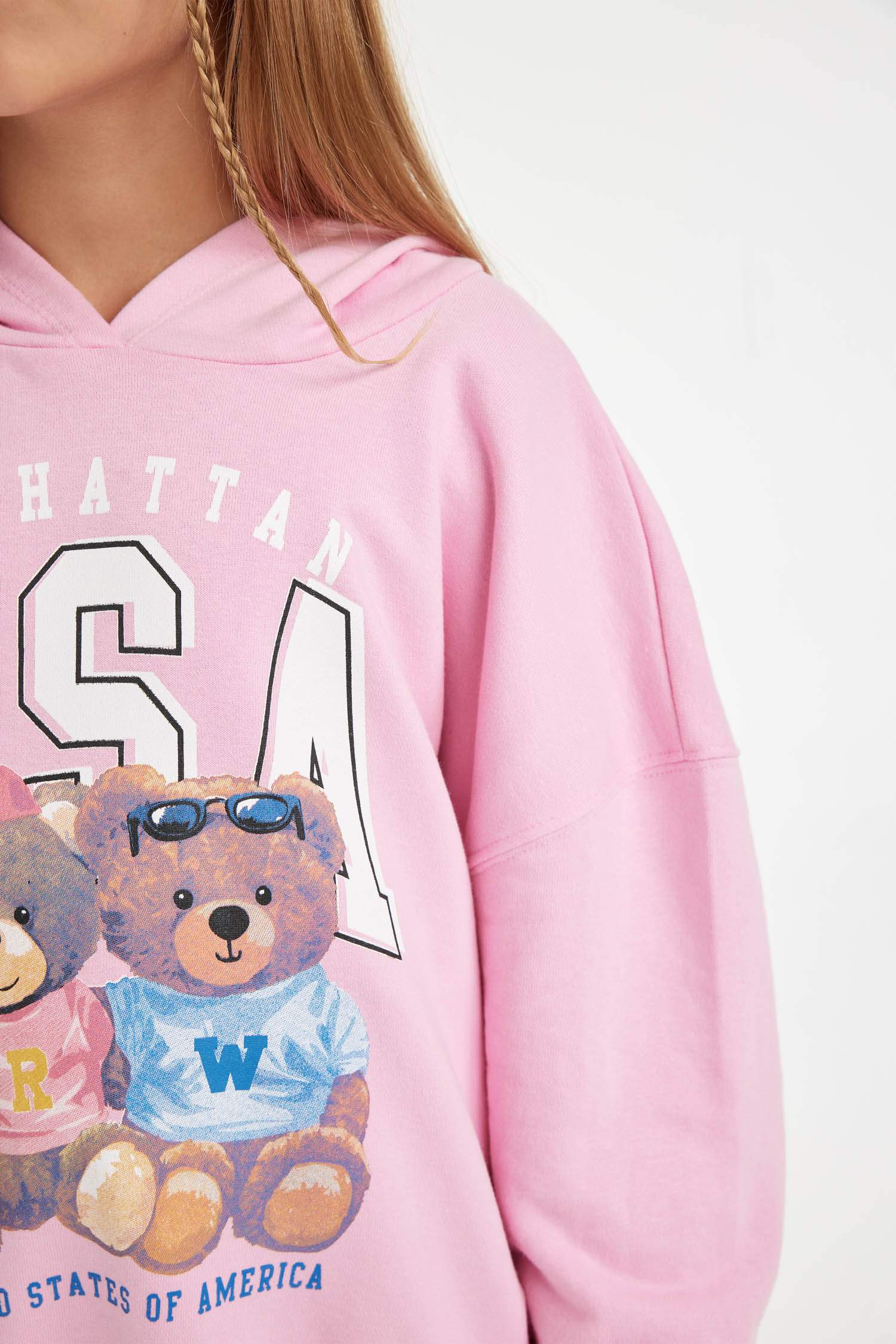 Girl Oversize Fit Hooded Bear Printed Sweatshirt