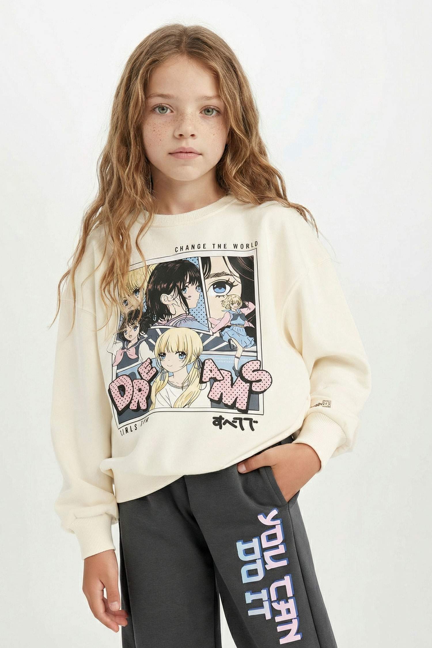 Kız Çocuk Oversize Geniş Kalıp Bisiklet Yaka Baskılı Sweatshirt