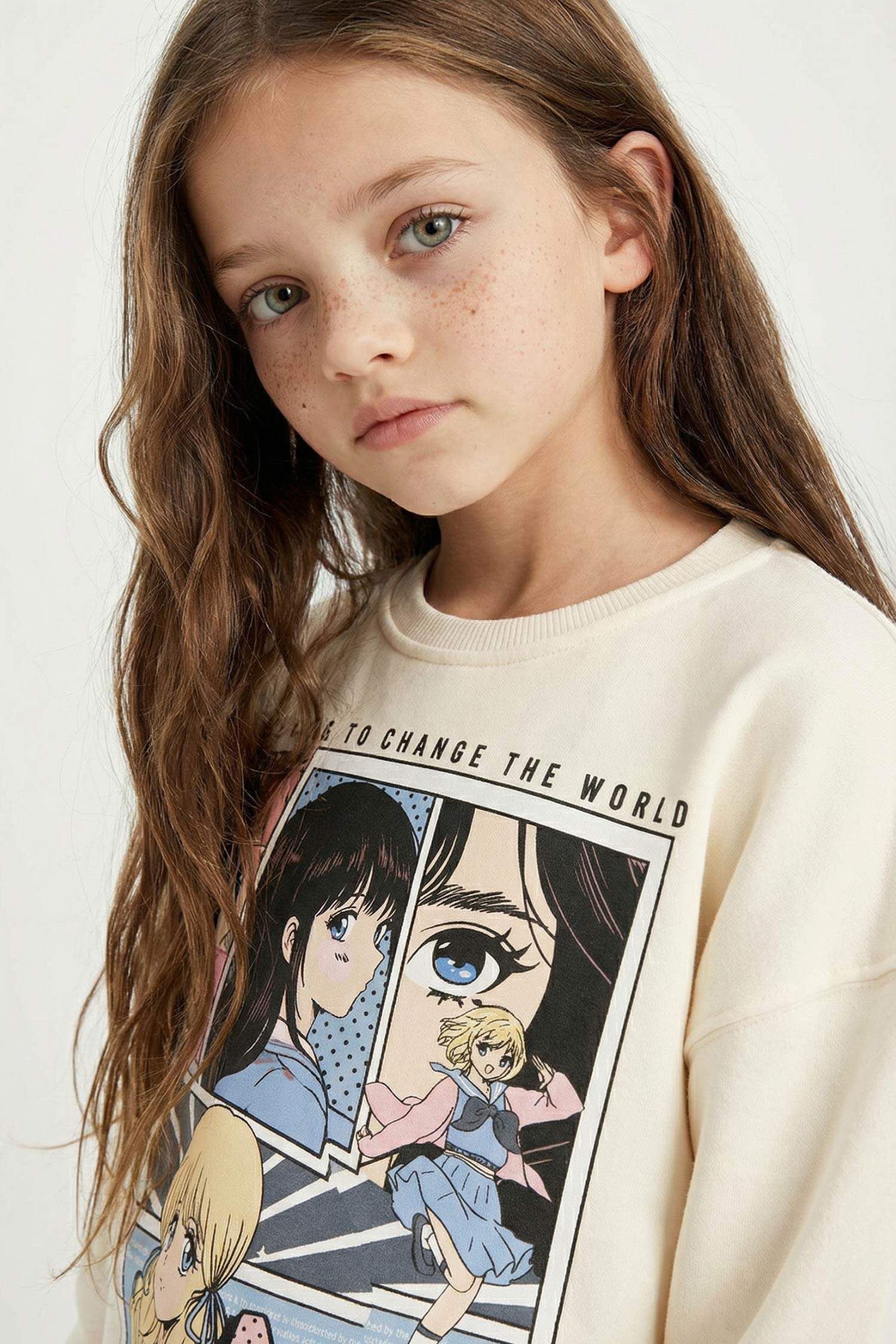 Kız Çocuk Oversize Geniş Kalıp Bisiklet Yaka Baskılı Sweatshirt