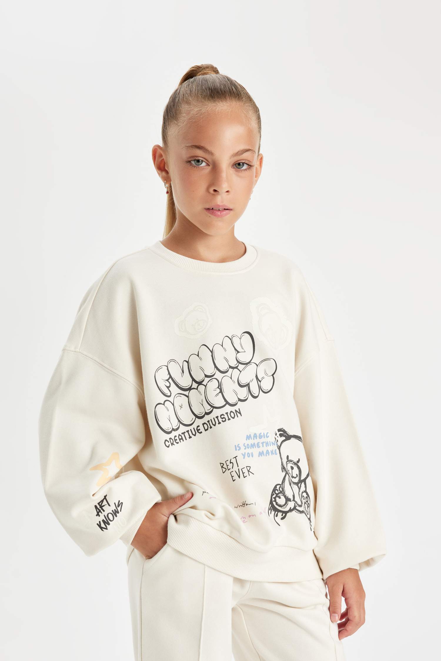 Kız Çocuk Oversize Geniş Kalıp Bisiklet Yaka Ayıcık Baskılı Sweatshirt