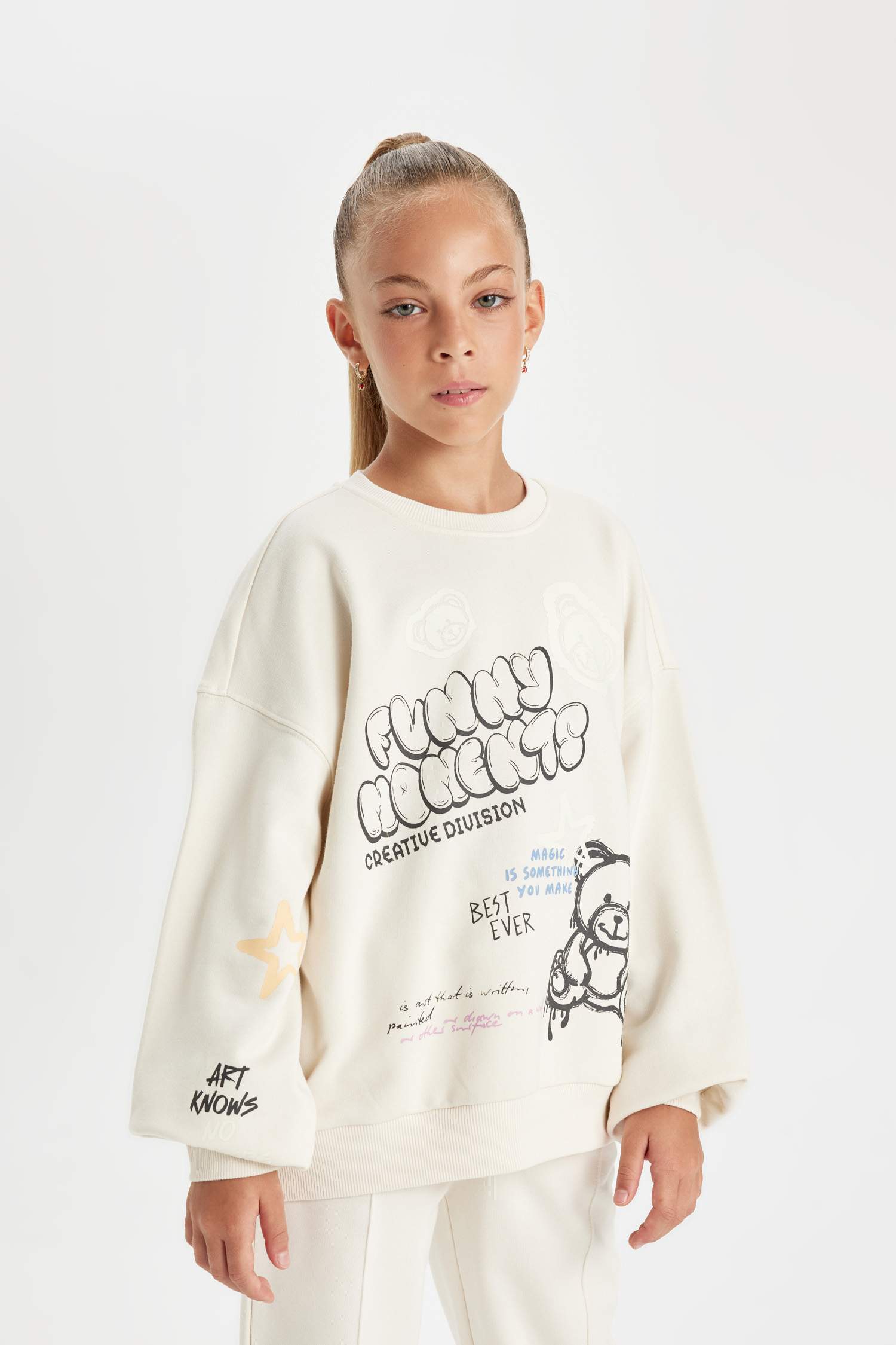 Kız Çocuk Oversize Geniş Kalıp Bisiklet Yaka Ayıcık Baskılı Sweatshirt