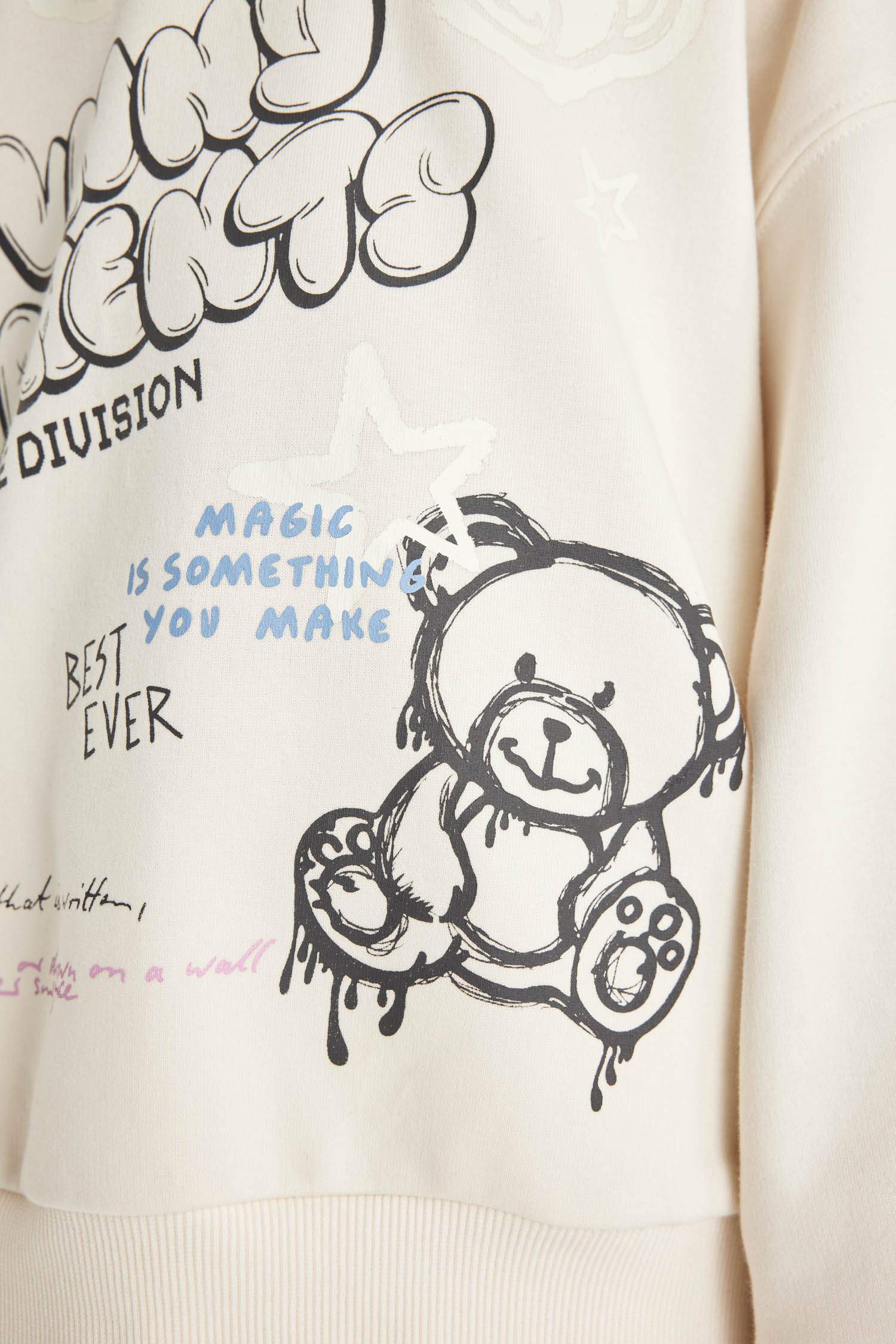 Kız Çocuk Oversize Geniş Kalıp Bisiklet Yaka Ayıcık Baskılı Sweatshirt