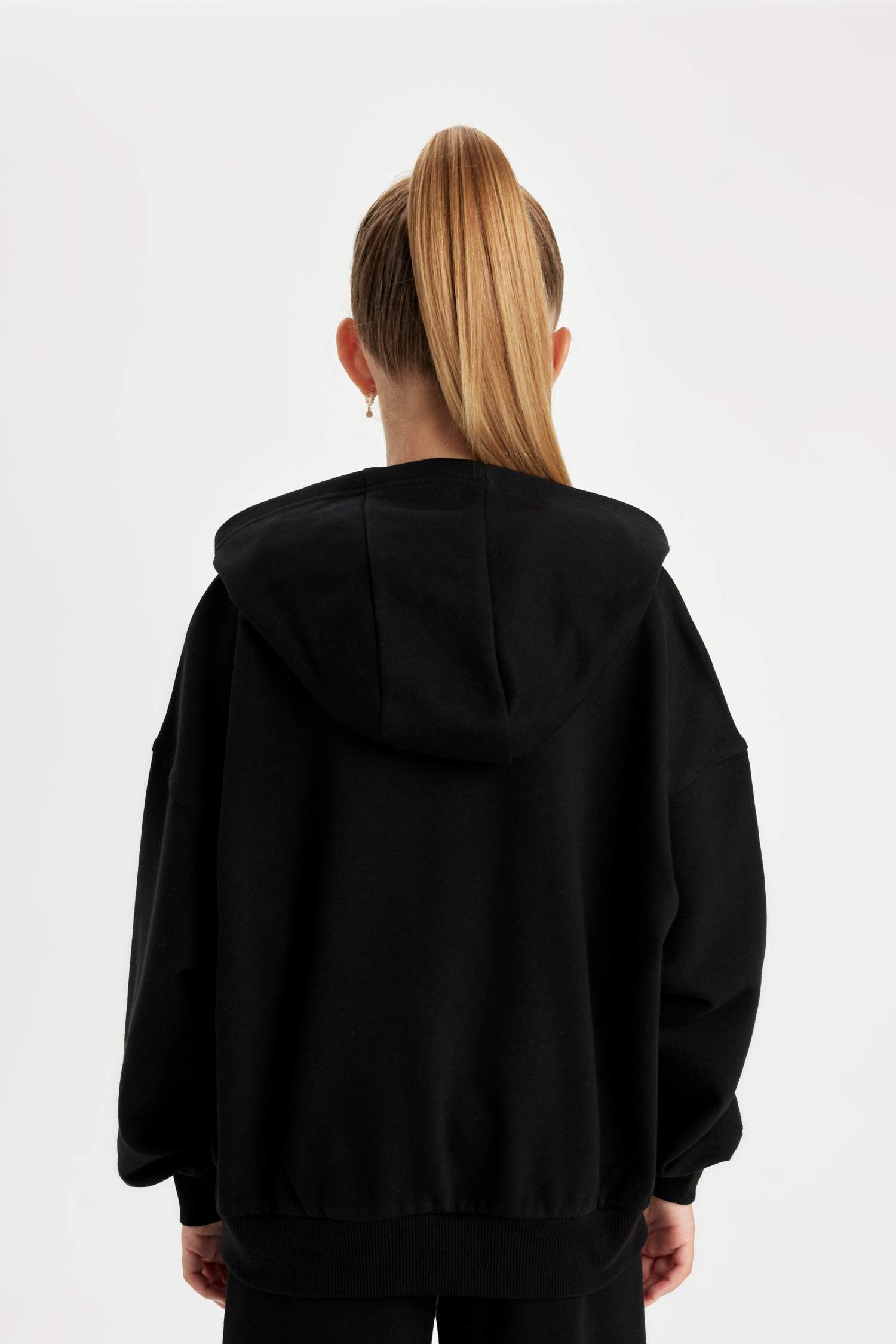 Kız Çocuk Siyah Oversize Geniş Kalıp Kapüşonlu Baskılı Sweatshirt