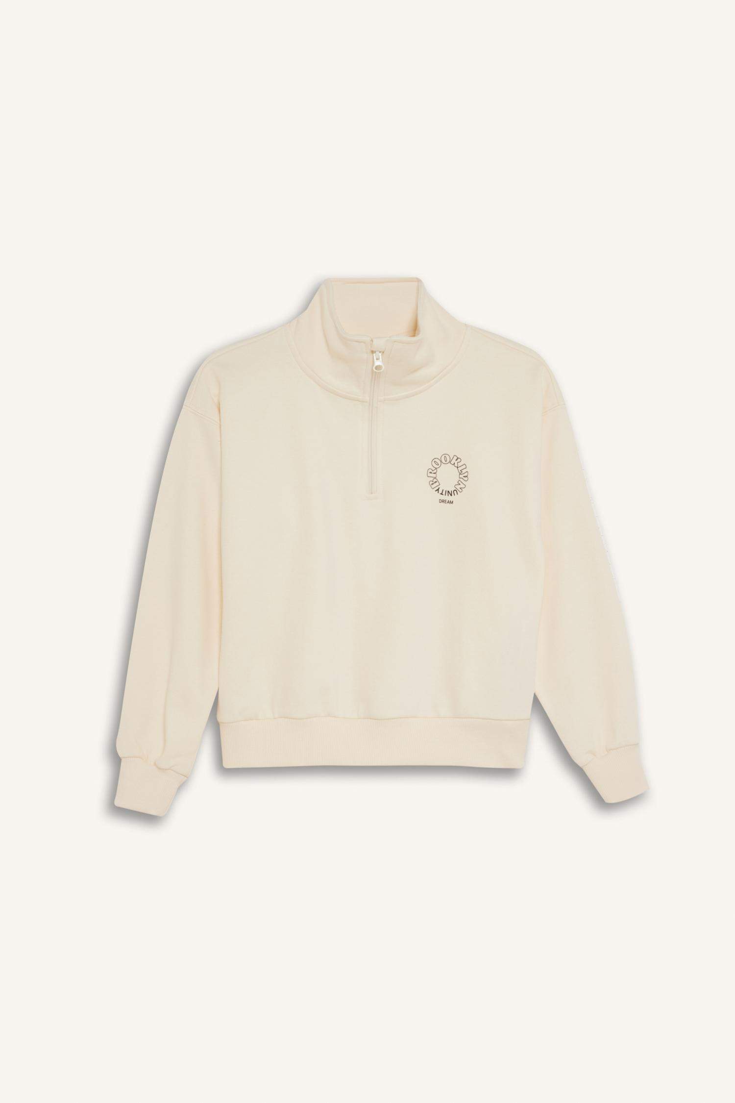 Kız Çocuk Relax Fit Dik Yaka Yarım Fermuarlı Baskılı Sweatshirt