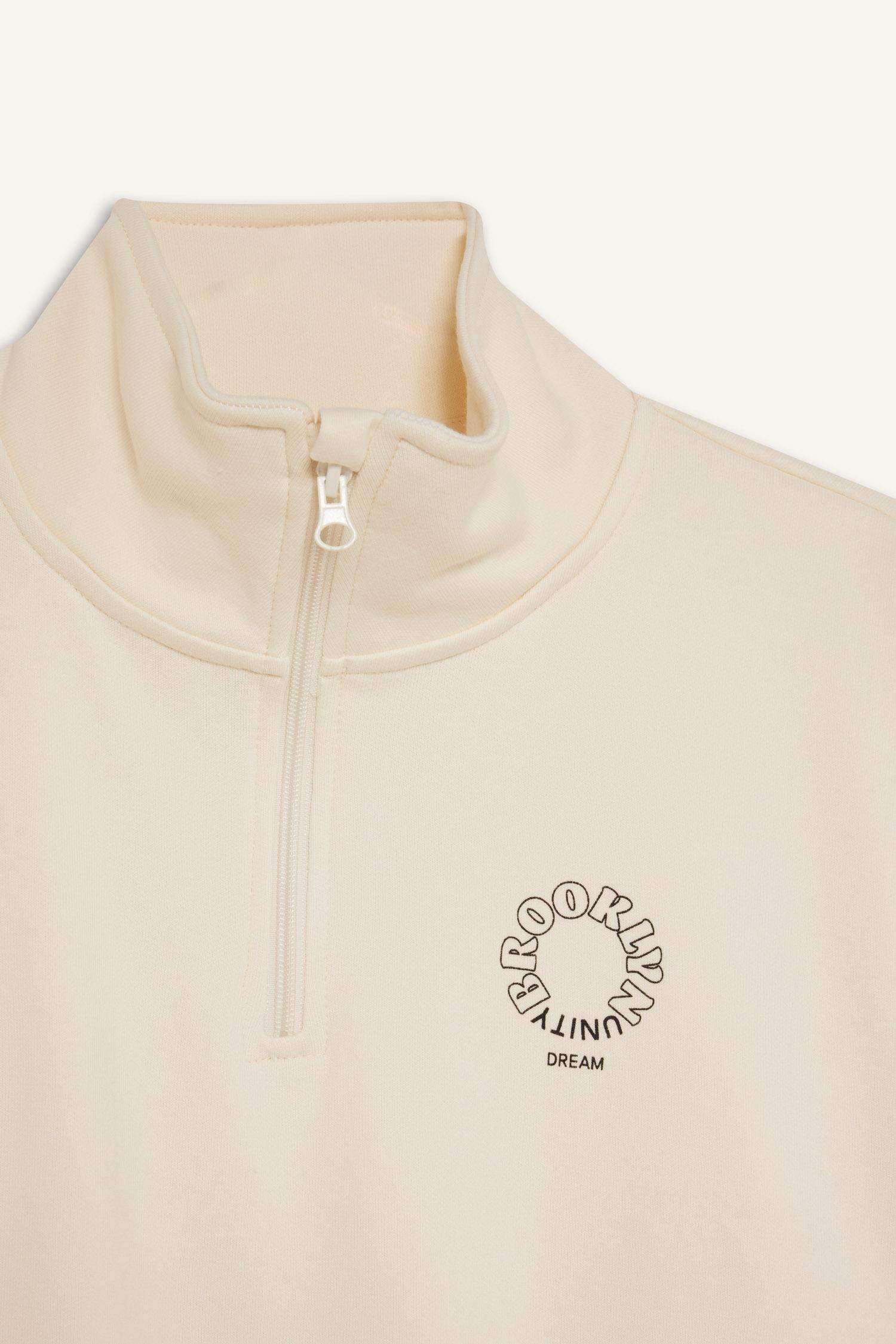 Kız Çocuk Relax Fit Dik Yaka Yarım Fermuarlı Baskılı Sweatshirt