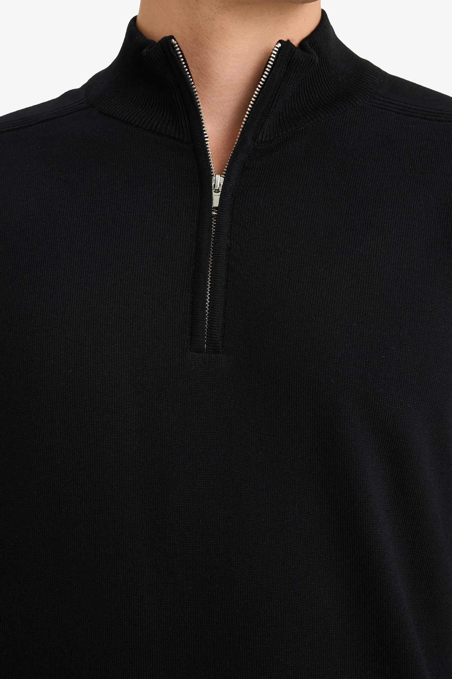 Standart Fit Dik Yaka Yarım Fermuarlı Triko Kazak