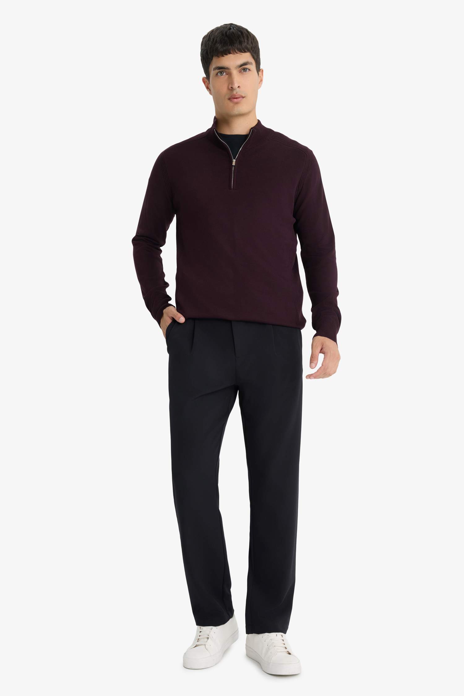 Standart Fit Dik Yaka Yarım Fermuarlı Triko Kazak