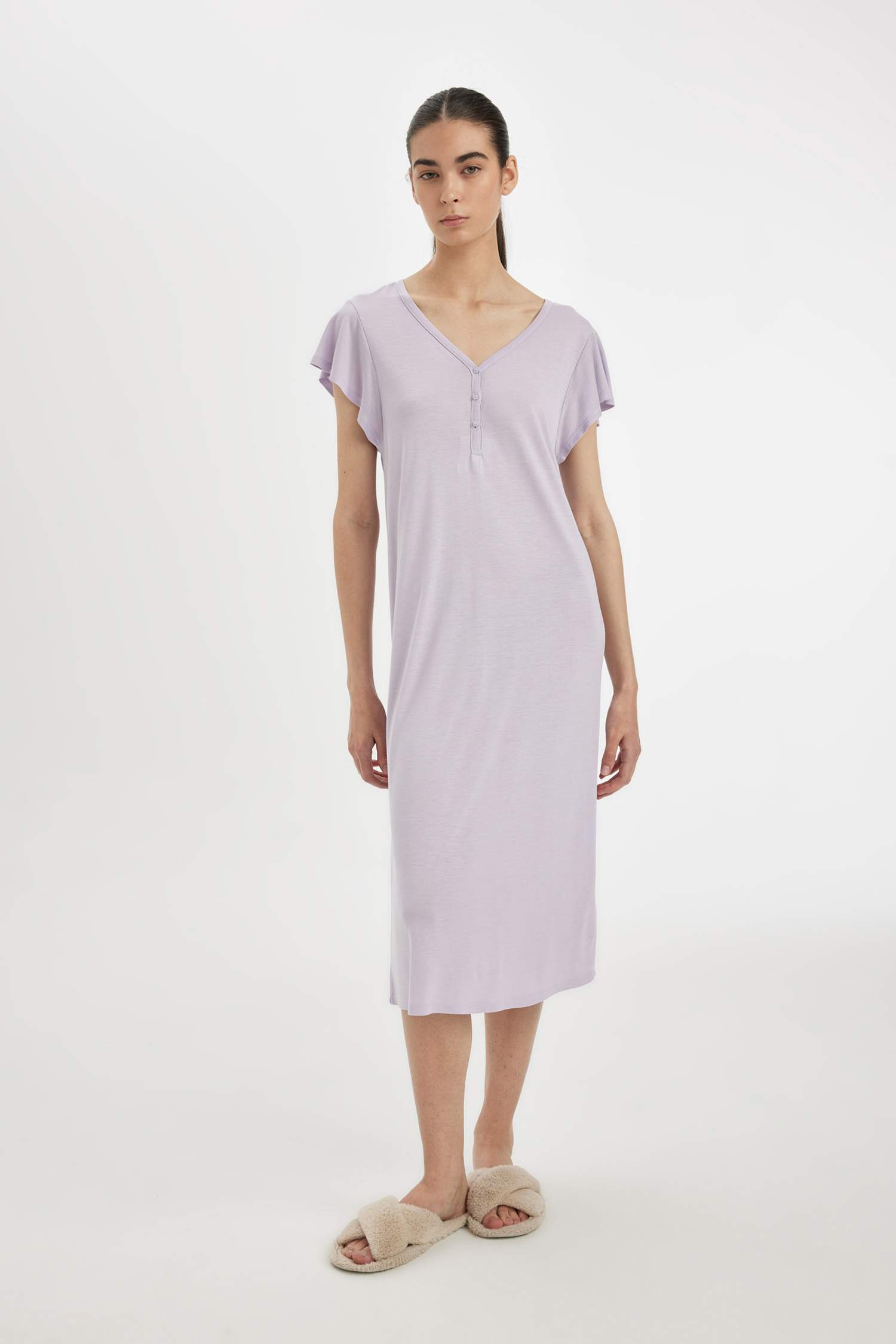 V Yaka Viskon Kısa Kollu Gecelik-Fall in Love