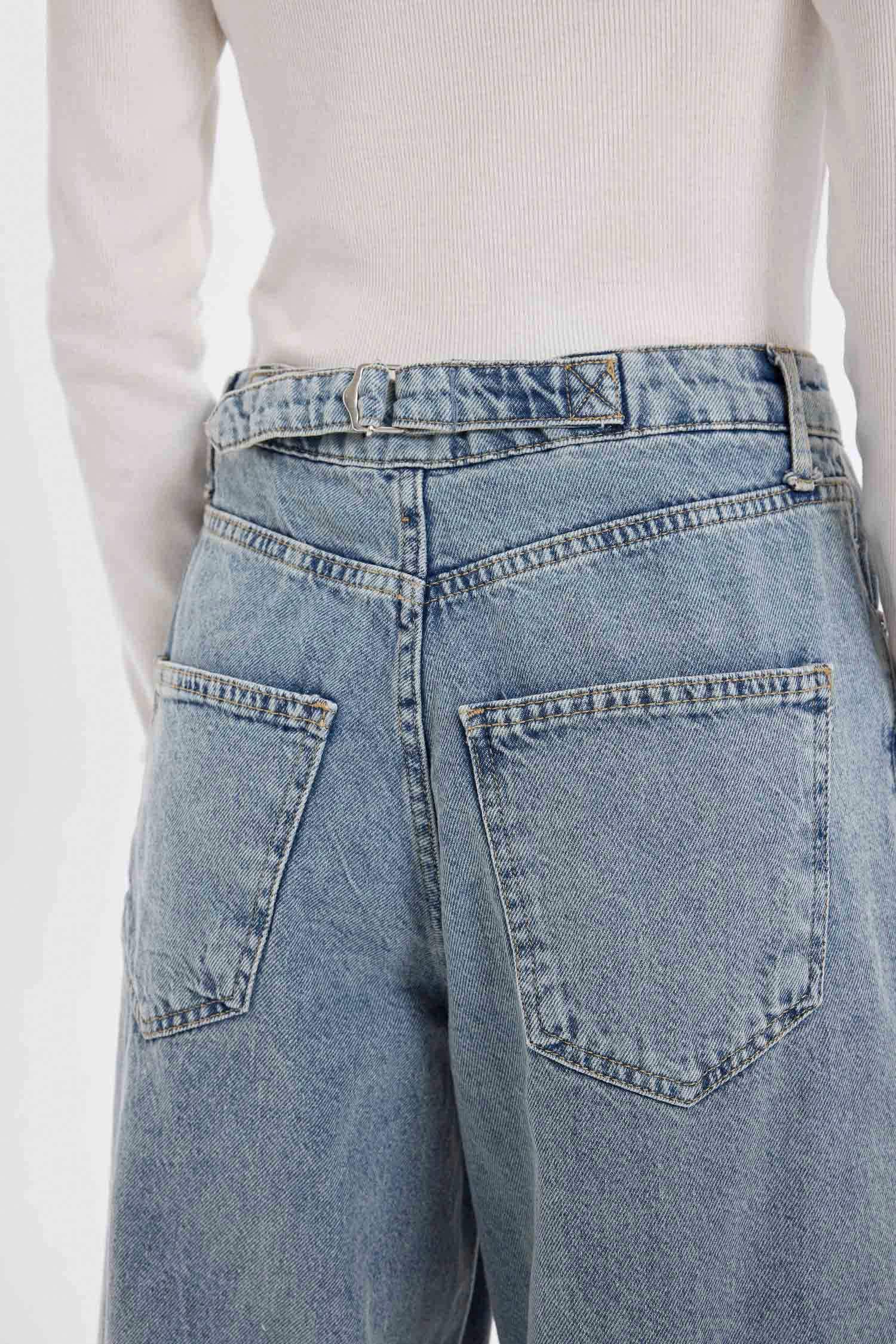 Baggy Fit Yüksek Bel Uzun Jean Yıkamalı Pantolon