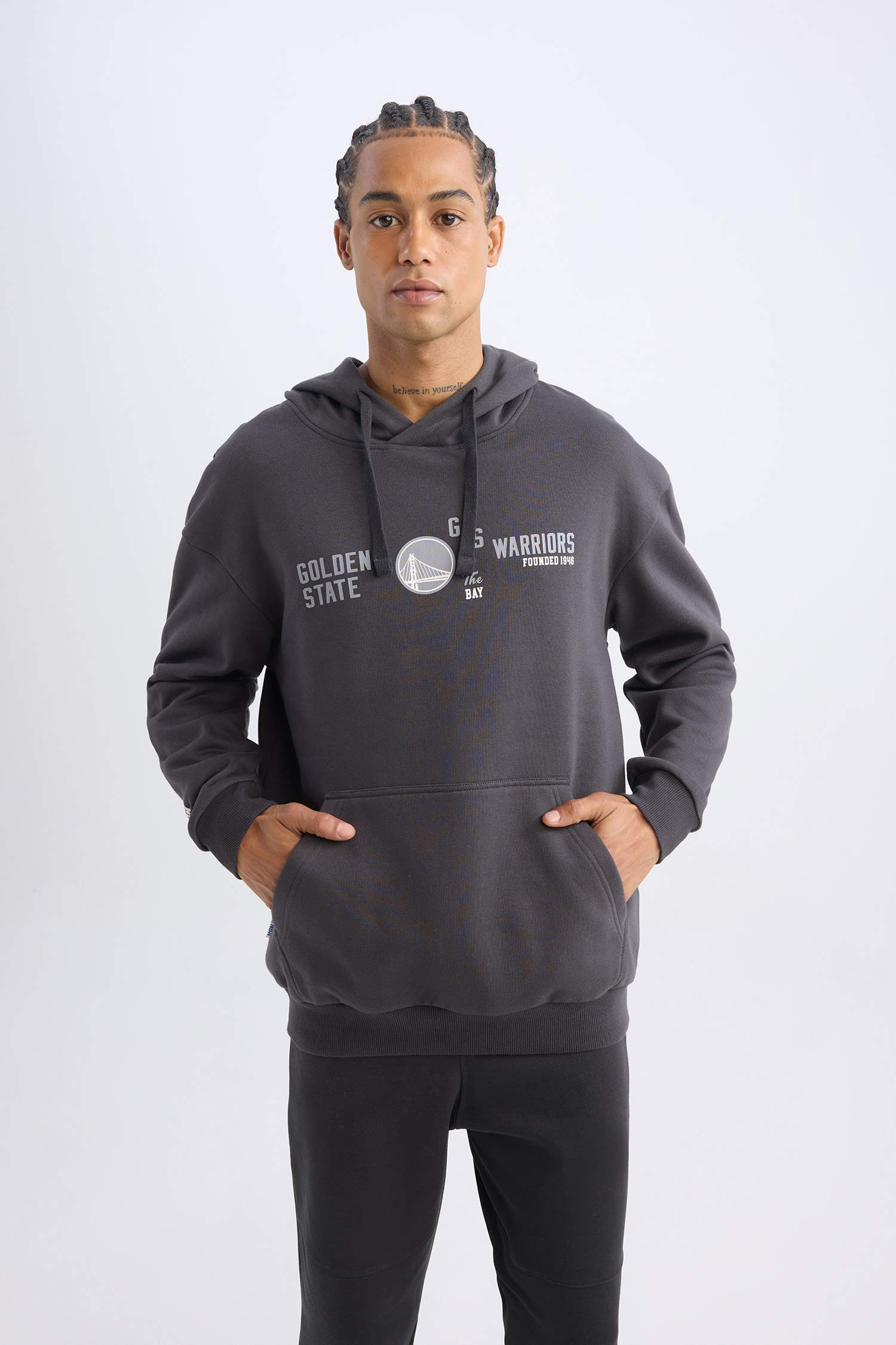 NBA Golden State Warriors Boxy Fit Kapüşonlu Baskılı Kalın Sweatshirt