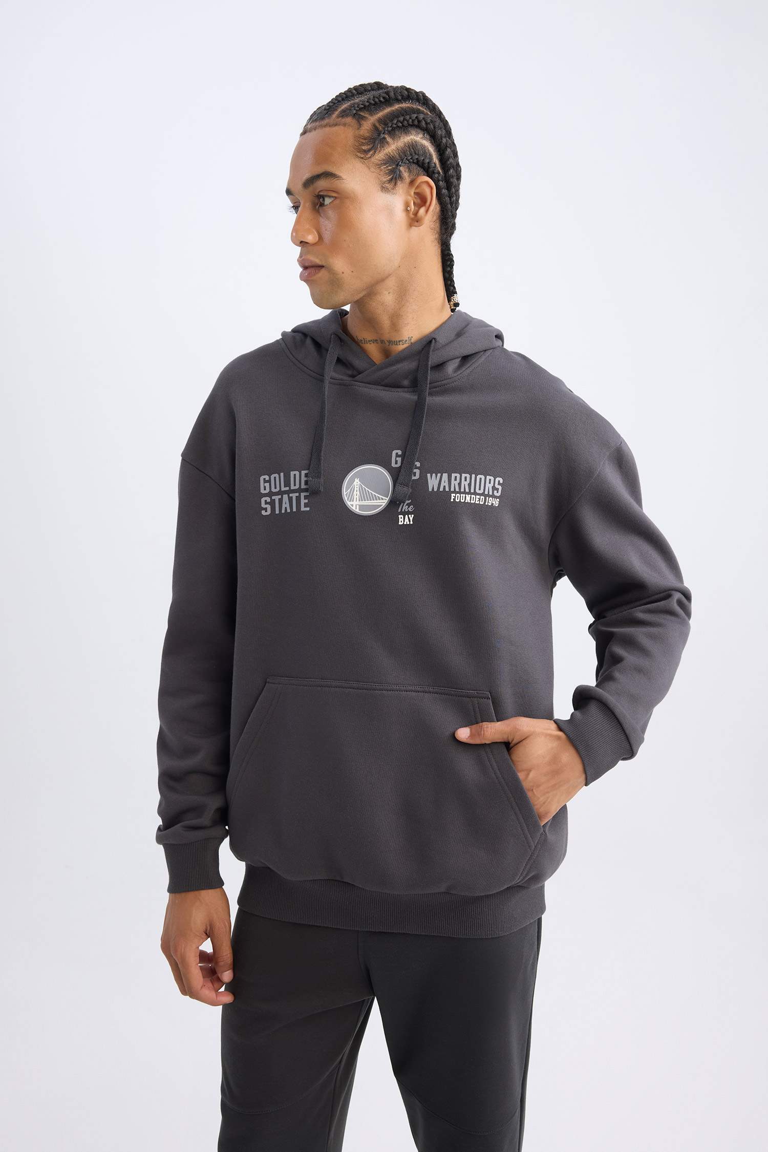 NBA Golden State Warriors Boxy Fit Kapüşonlu Baskılı Kalın Sweatshirt