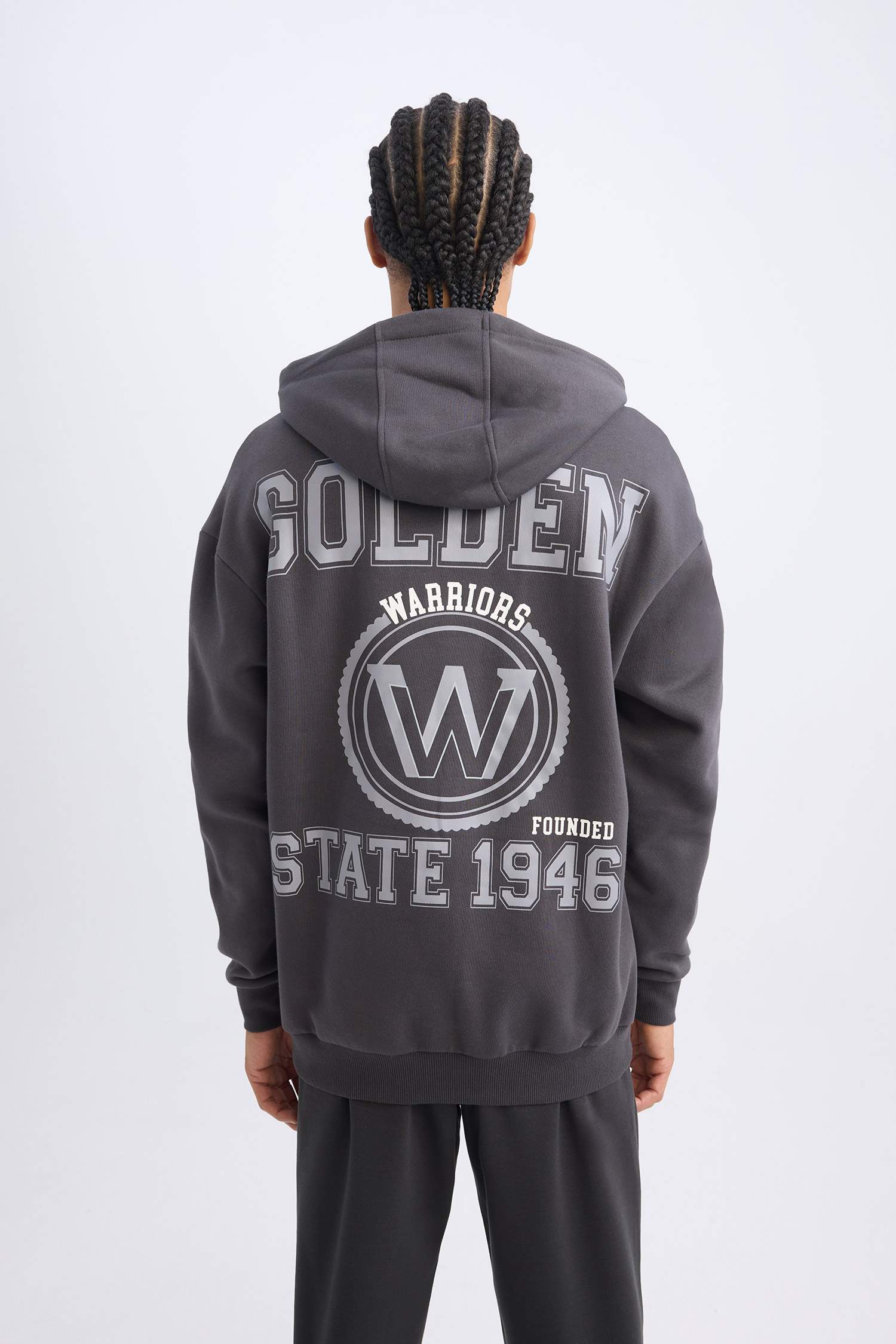 NBA Golden State Warriors Boxy Fit Kapüşonlu Baskılı Kalın Sweatshirt