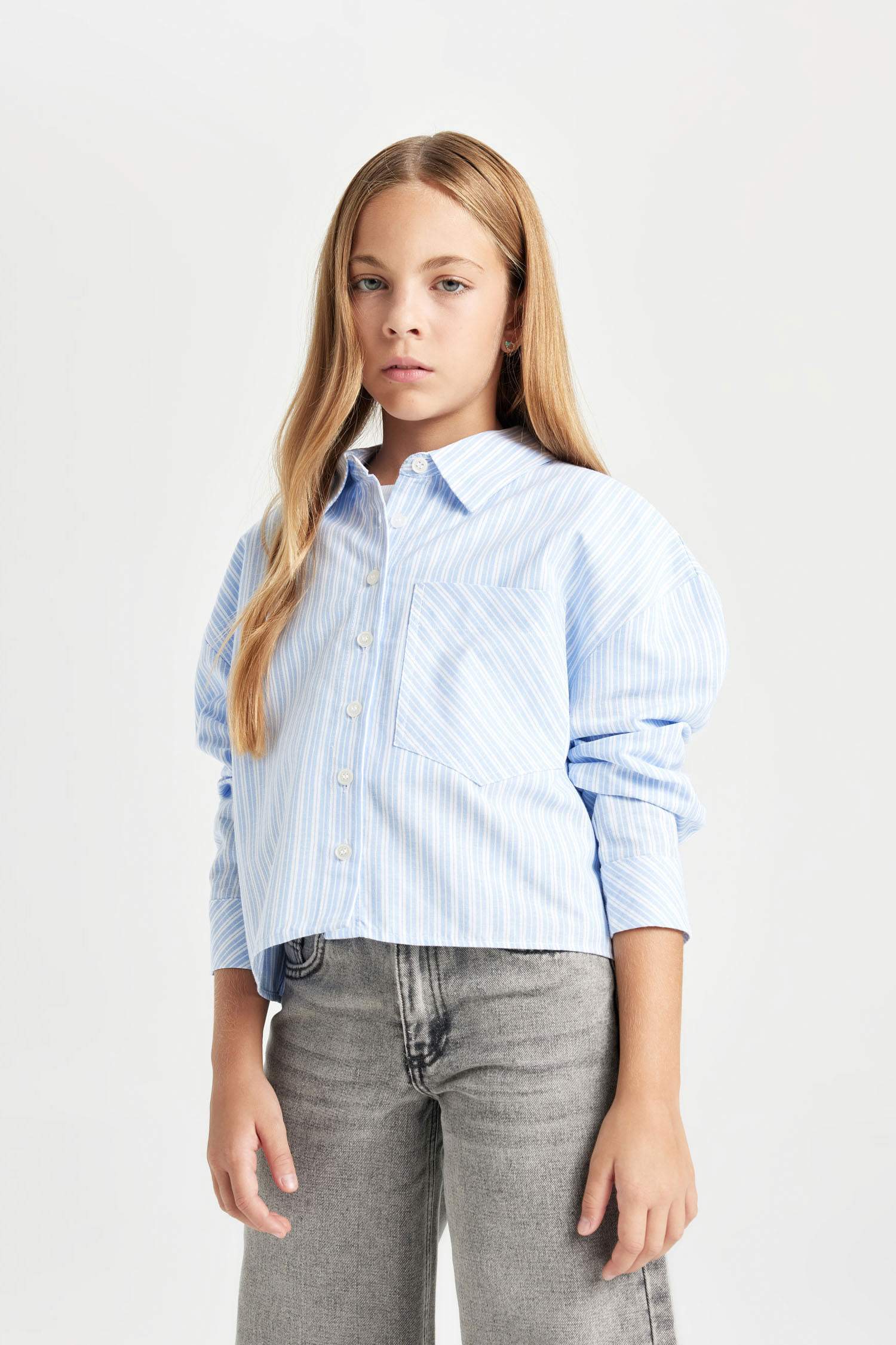 Kız Çocuk Crop Pamuklu Uzun Kollu Cepli Gömlek