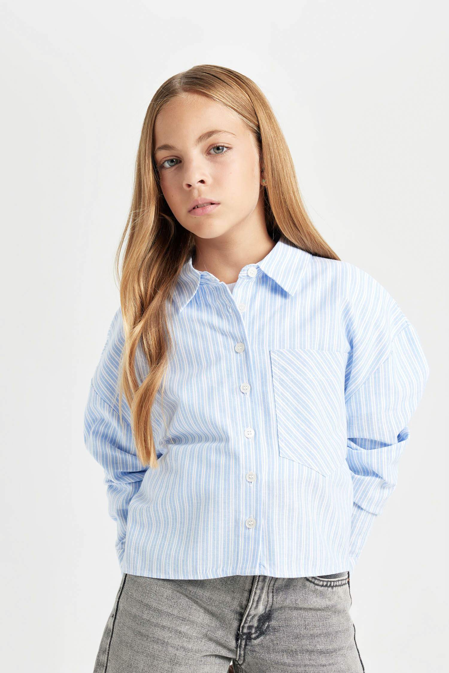 Kız Çocuk Crop Pamuklu Uzun Kollu Cepli Gömlek