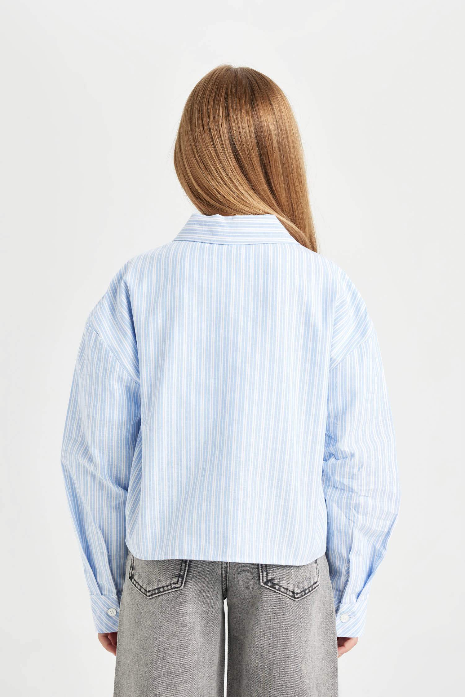 Kız Çocuk Crop Pamuklu Uzun Kollu Cepli Gömlek