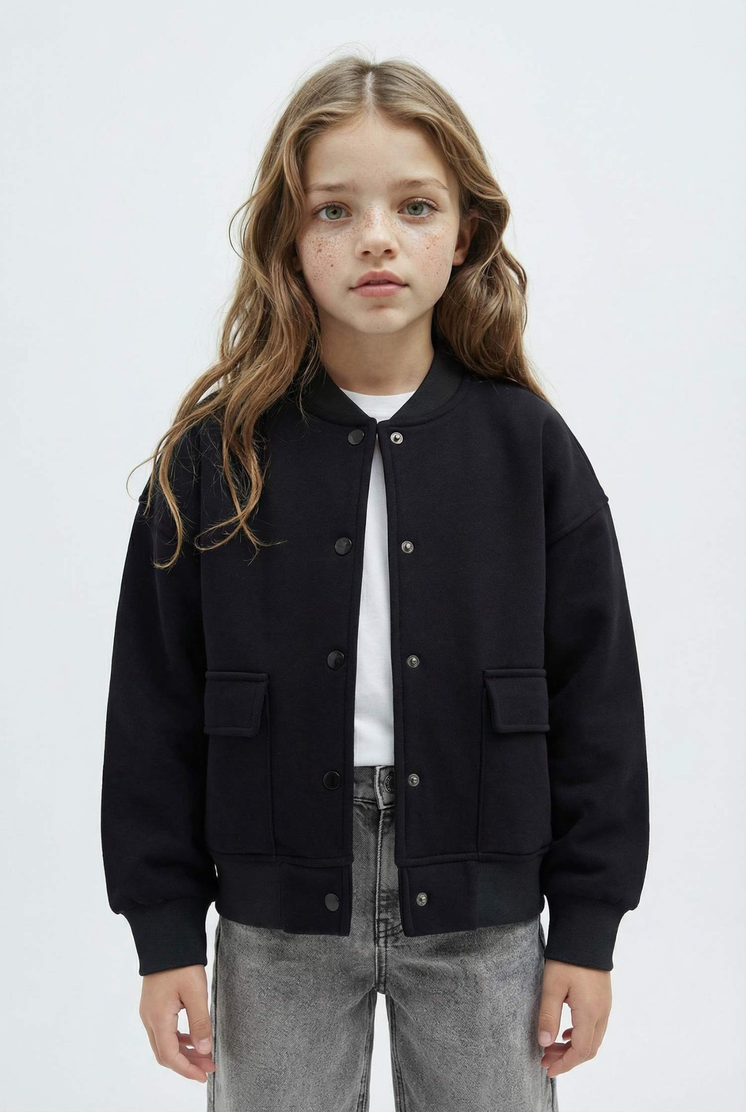 جاكيت بومبر بناتي بيزك اوفر سايز برقبة مستديرة ببطانة ناعمة