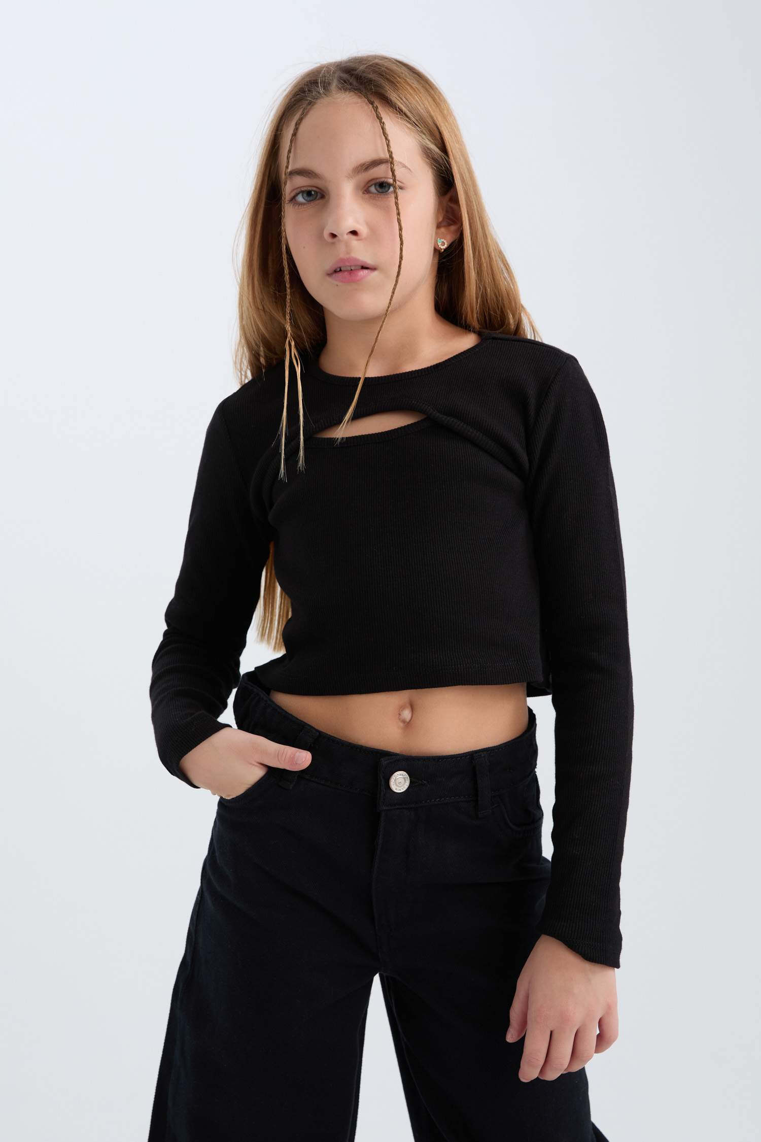 Kız Çocuk Slim Fit Dar Kesim Bisiklet Yaka Fitilli Kaşkorse Uzun Kollu Siyah Tişört