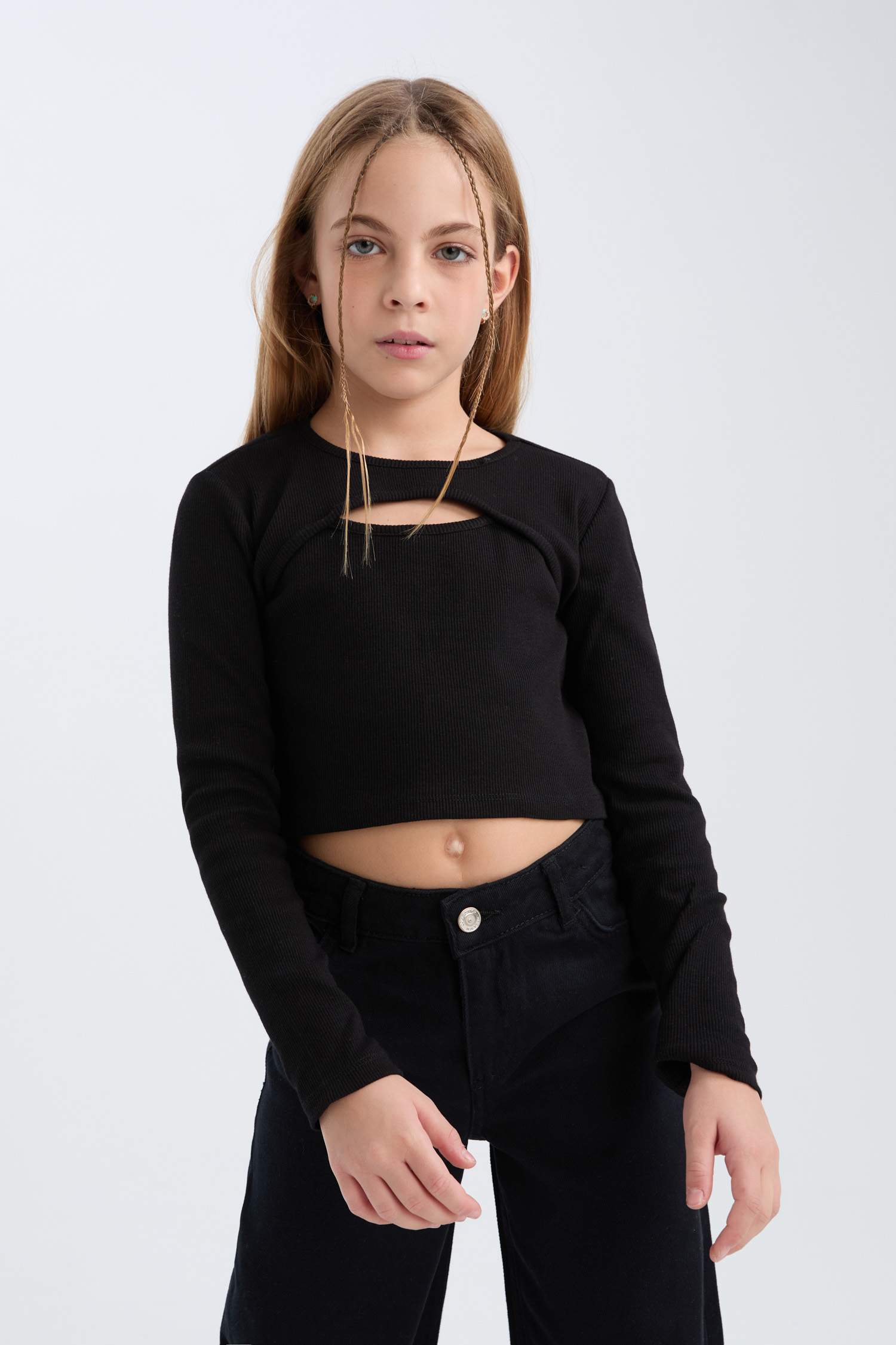 Kız Çocuk Slim Fit Dar Kesim Bisiklet Yaka Fitilli Kaşkorse Uzun Kollu Siyah Tişört