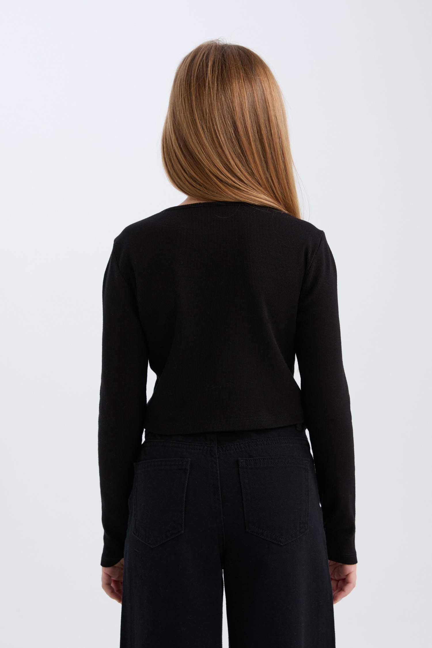 Kız Çocuk Slim Fit Dar Kesim Bisiklet Yaka Fitilli Kaşkorse Uzun Kollu Siyah Tişört