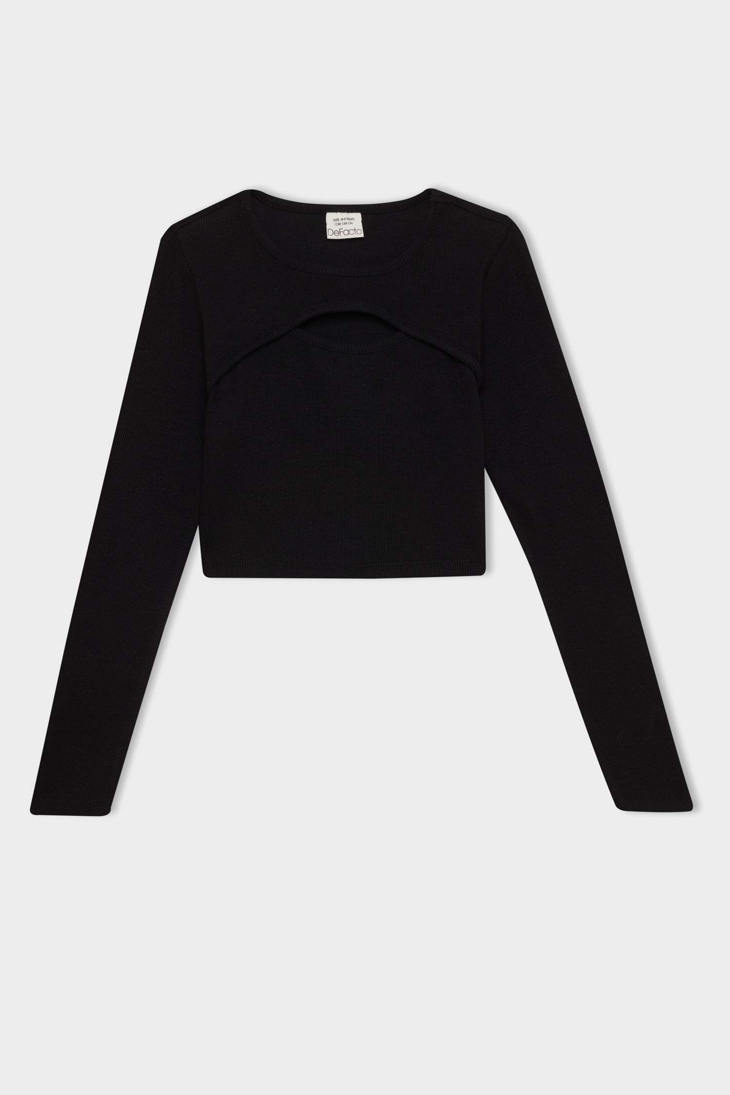 Kız Çocuk Slim Fit Dar Kesim Bisiklet Yaka Fitilli Kaşkorse Uzun Kollu Siyah Tişört