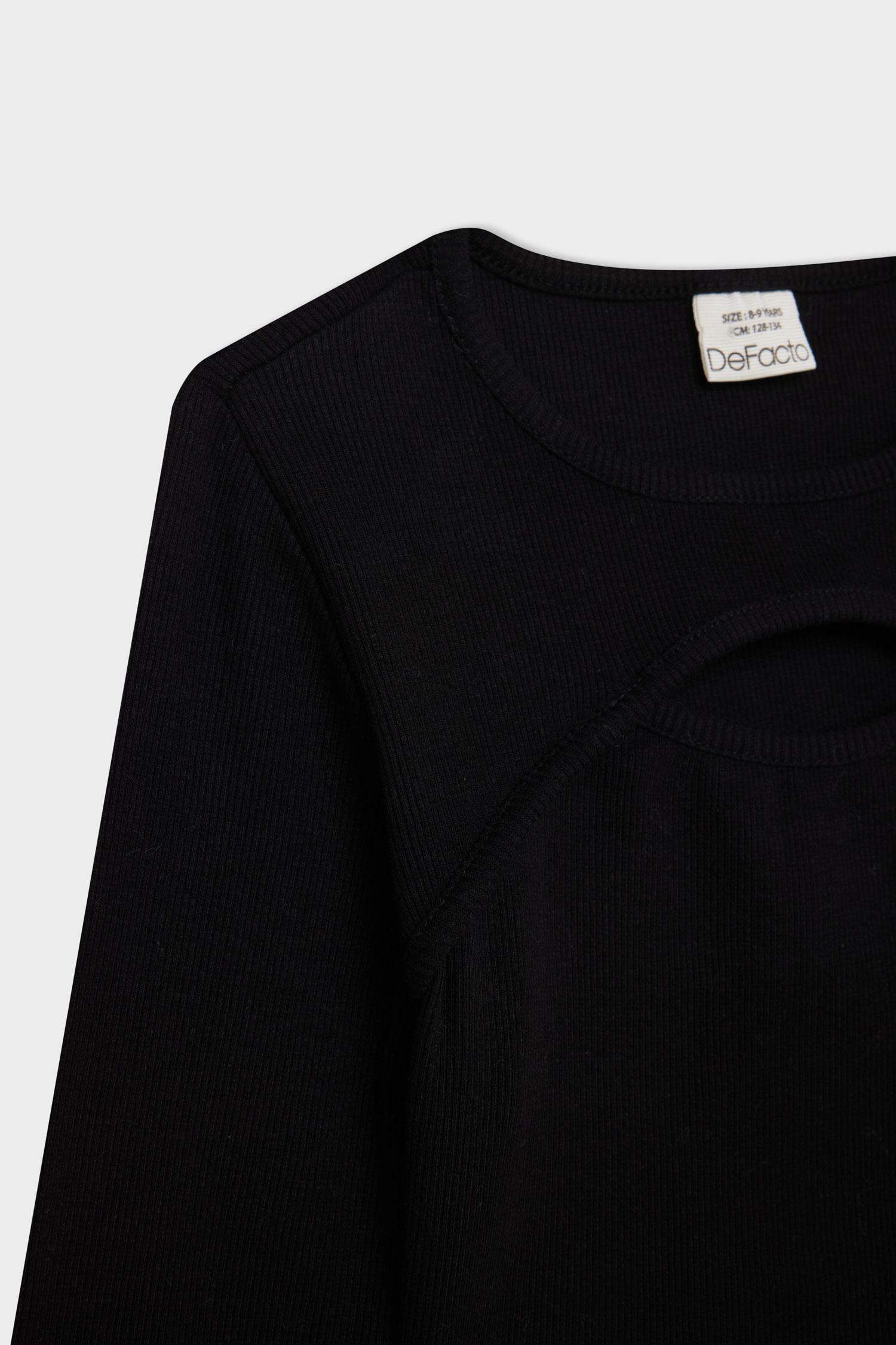 Kız Çocuk Slim Fit Dar Kesim Bisiklet Yaka Fitilli Kaşkorse Uzun Kollu Siyah Tişört