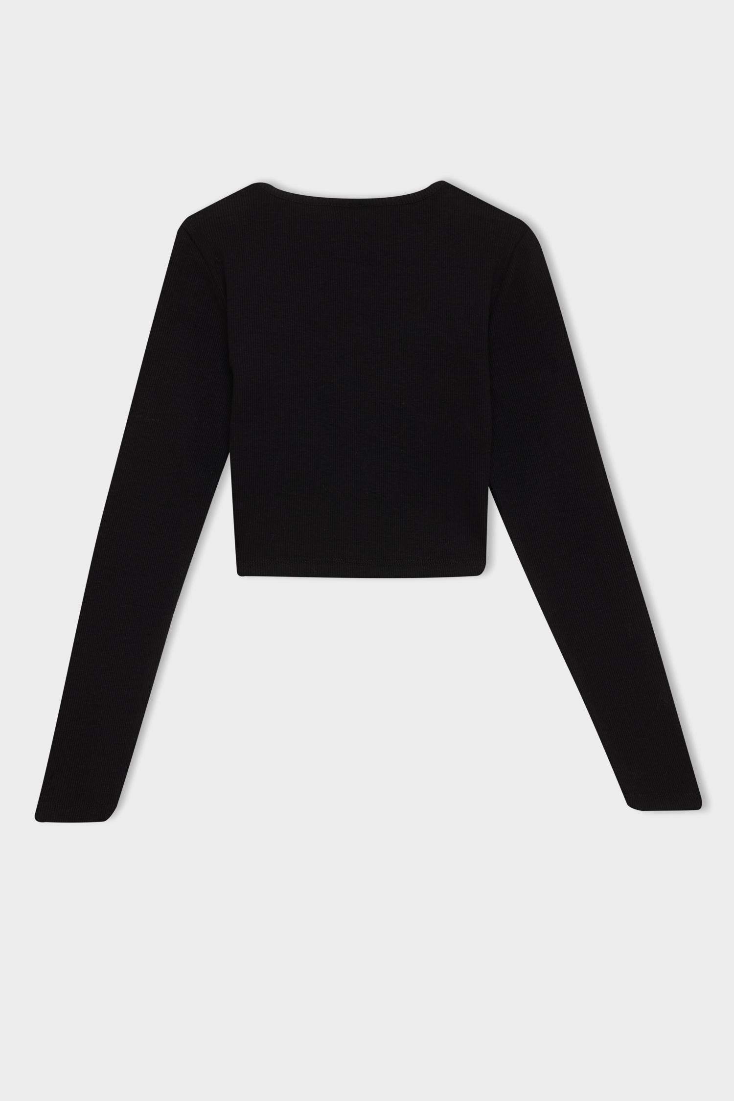 Kız Çocuk Slim Fit Dar Kesim Bisiklet Yaka Fitilli Kaşkorse Uzun Kollu Siyah Tişört