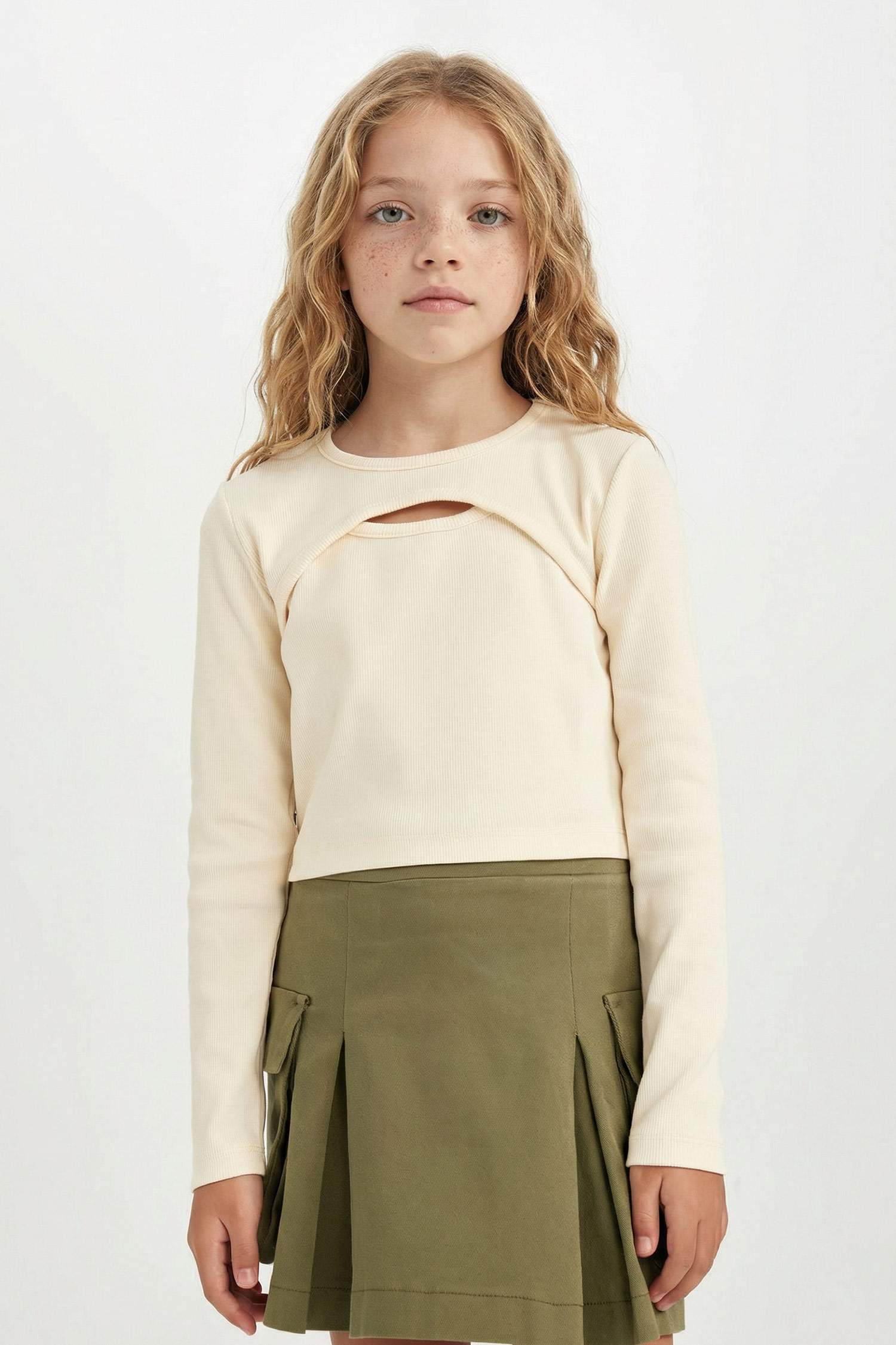 Kız Çocuk Slim Fit Dar Kesim Bisiklet Yaka Fitilli Kaşkorse Uzun Kollu Tişört