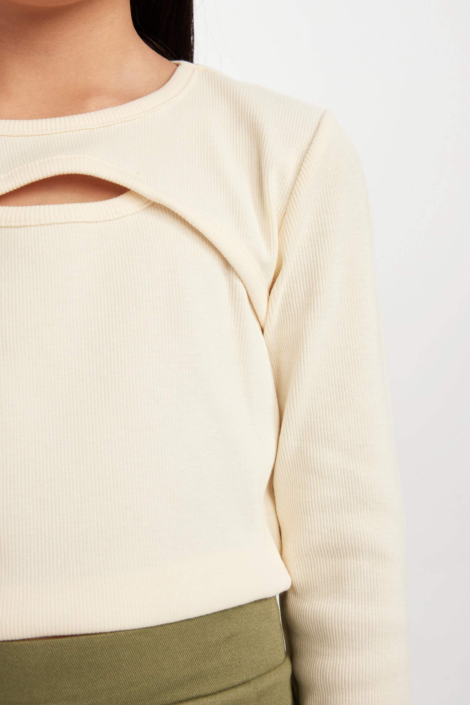 Kız Çocuk Slim Fit Dar Kesim Bisiklet Yaka Fitilli Kaşkorse Uzun Kollu Tişört