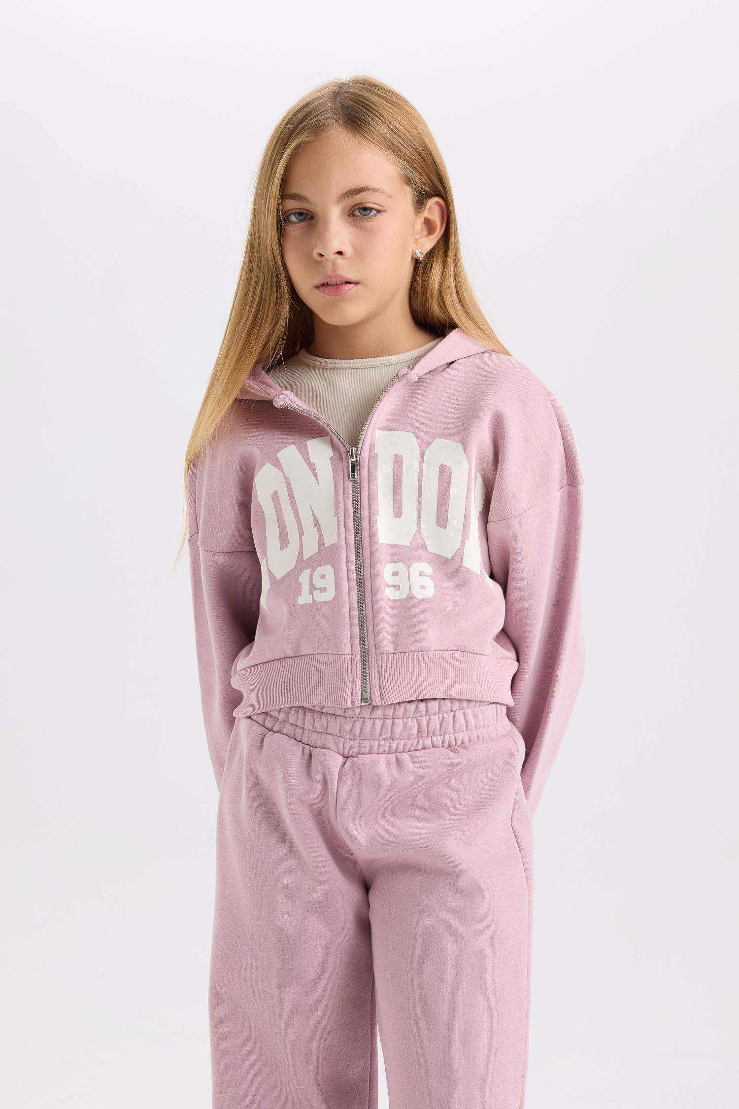 Kız Çocuk 2'li Takım Kapüşonlu Fermuarlı Sweatshirt Hırka Jogger Eşofman Altı