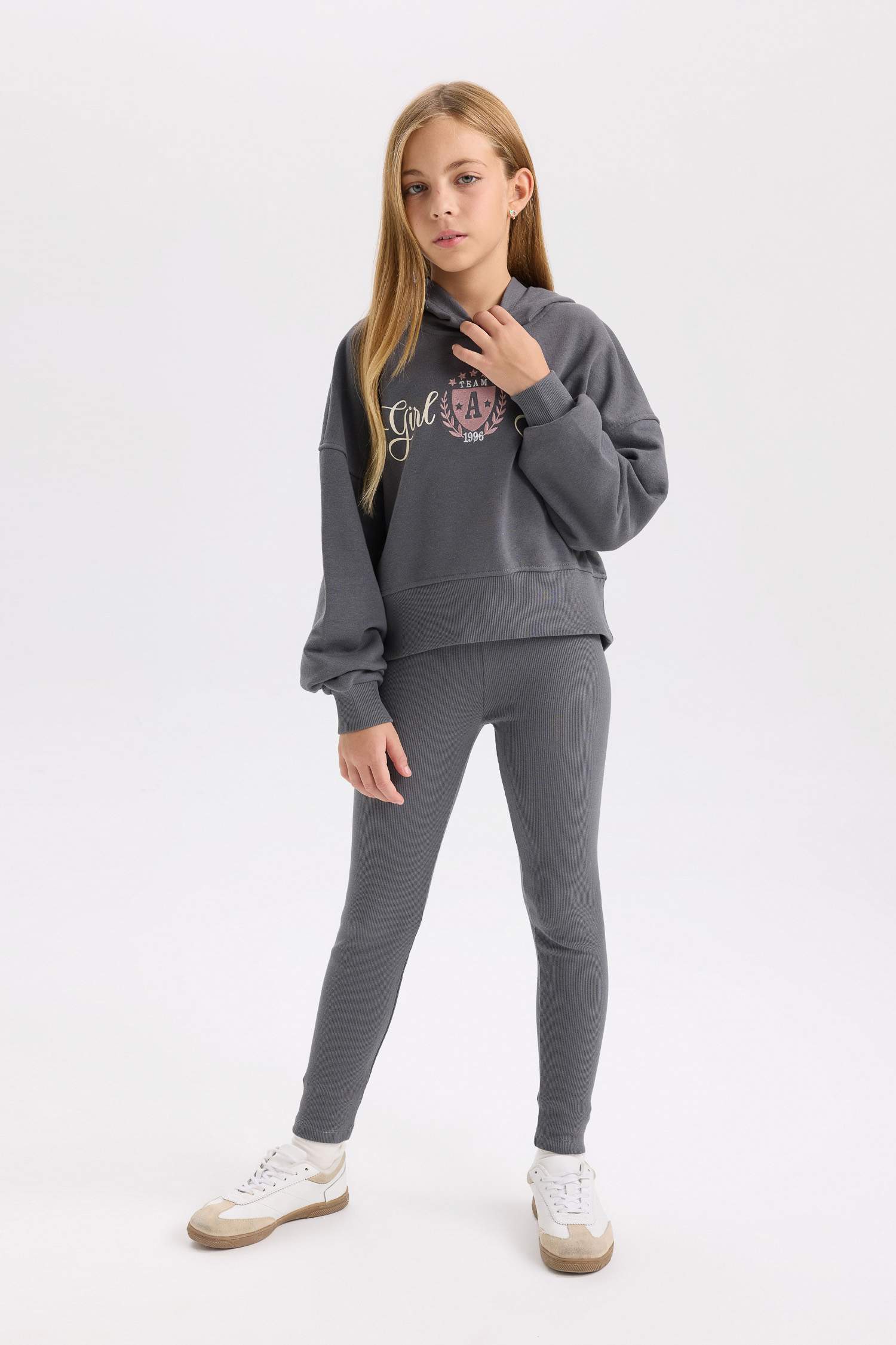 Kız Çocuk 2'li Takım Baskılı Kapüşonlu Sweatshirt Beli Lastikli Fitilli Kaşkorse Tayt