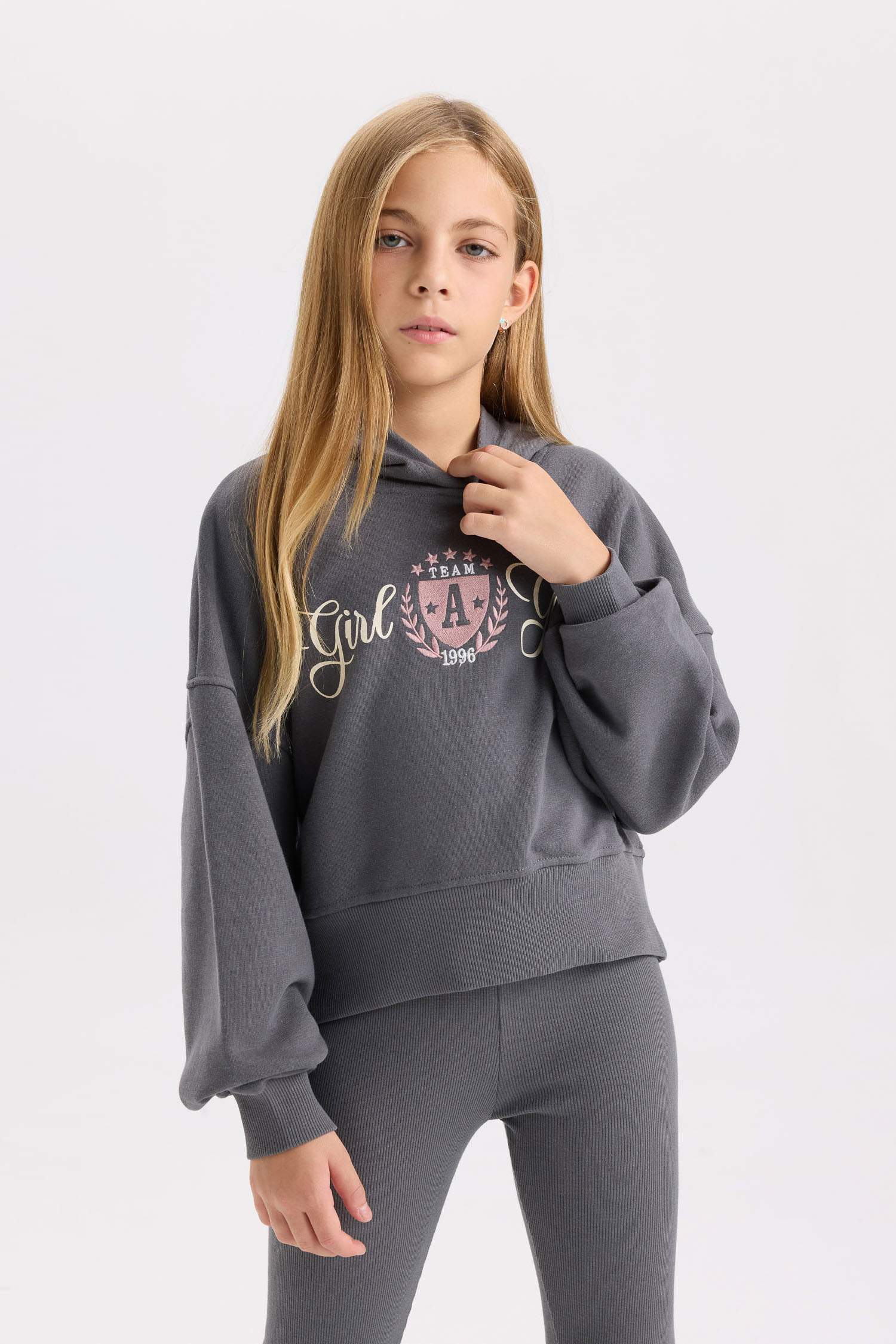 Kız Çocuk 2'li Takım Baskılı Kapüşonlu Sweatshirt Beli Lastikli Fitilli Kaşkorse Tayt