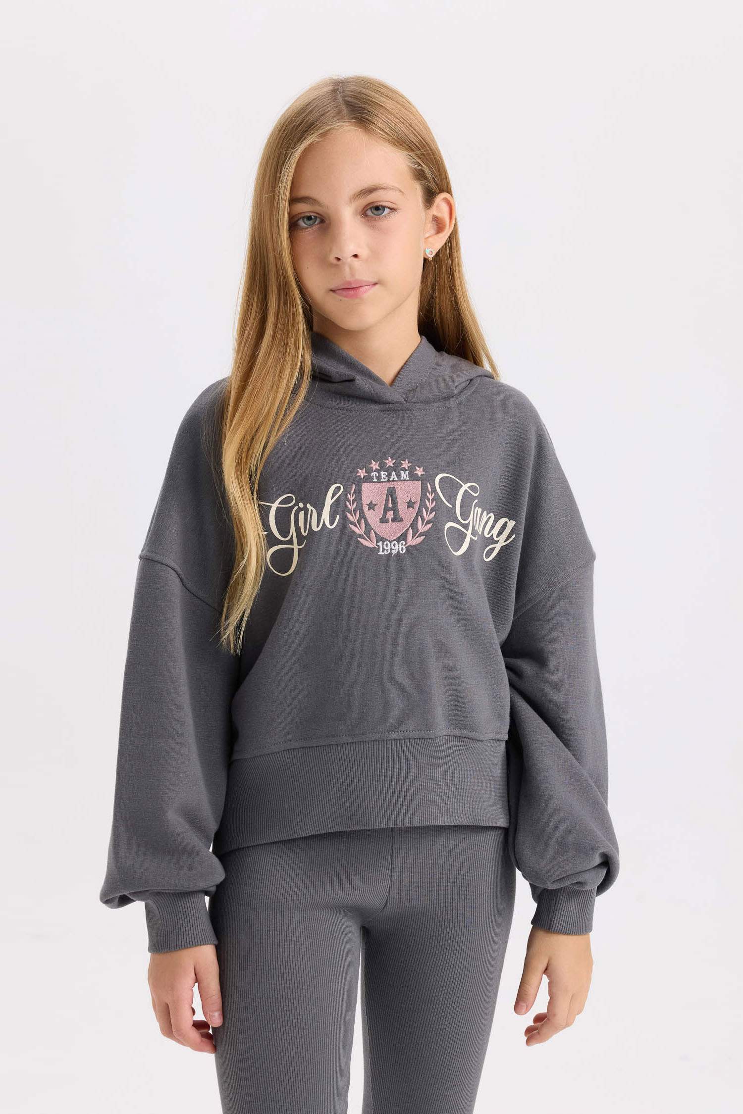 Kız Çocuk 2'li Takım Baskılı Kapüşonlu Sweatshirt Beli Lastikli Fitilli Kaşkorse Tayt