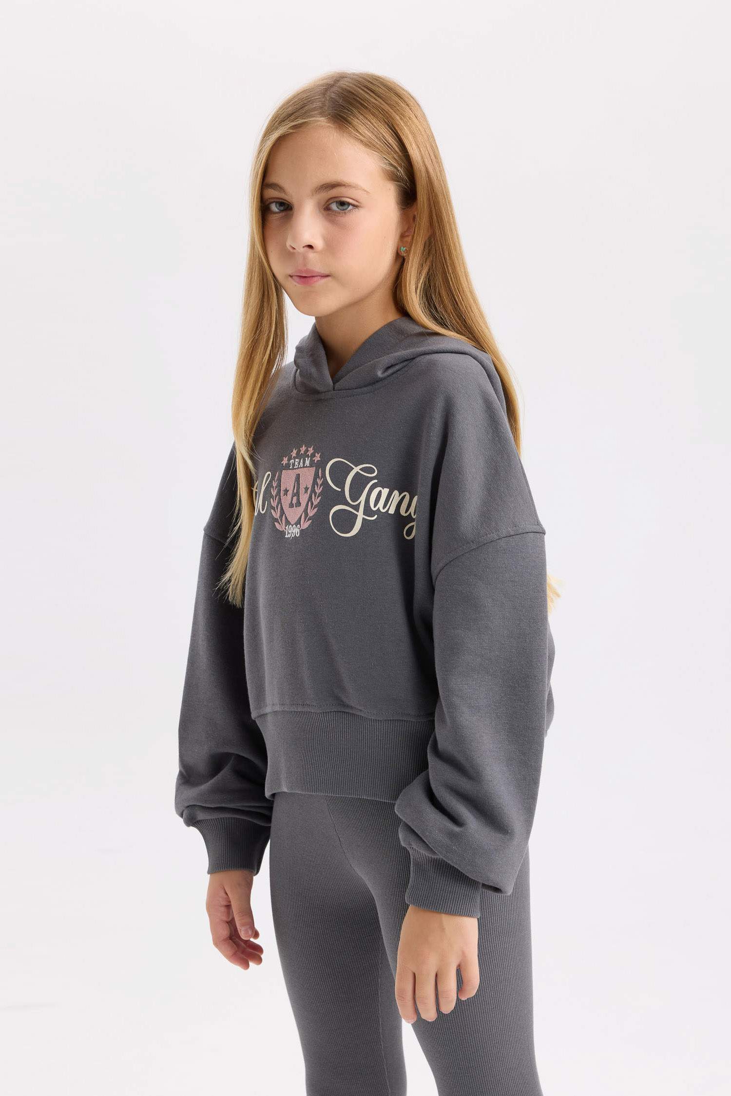 Kız Çocuk 2'li Takım Baskılı Kapüşonlu Sweatshirt Beli Lastikli Fitilli Kaşkorse Tayt