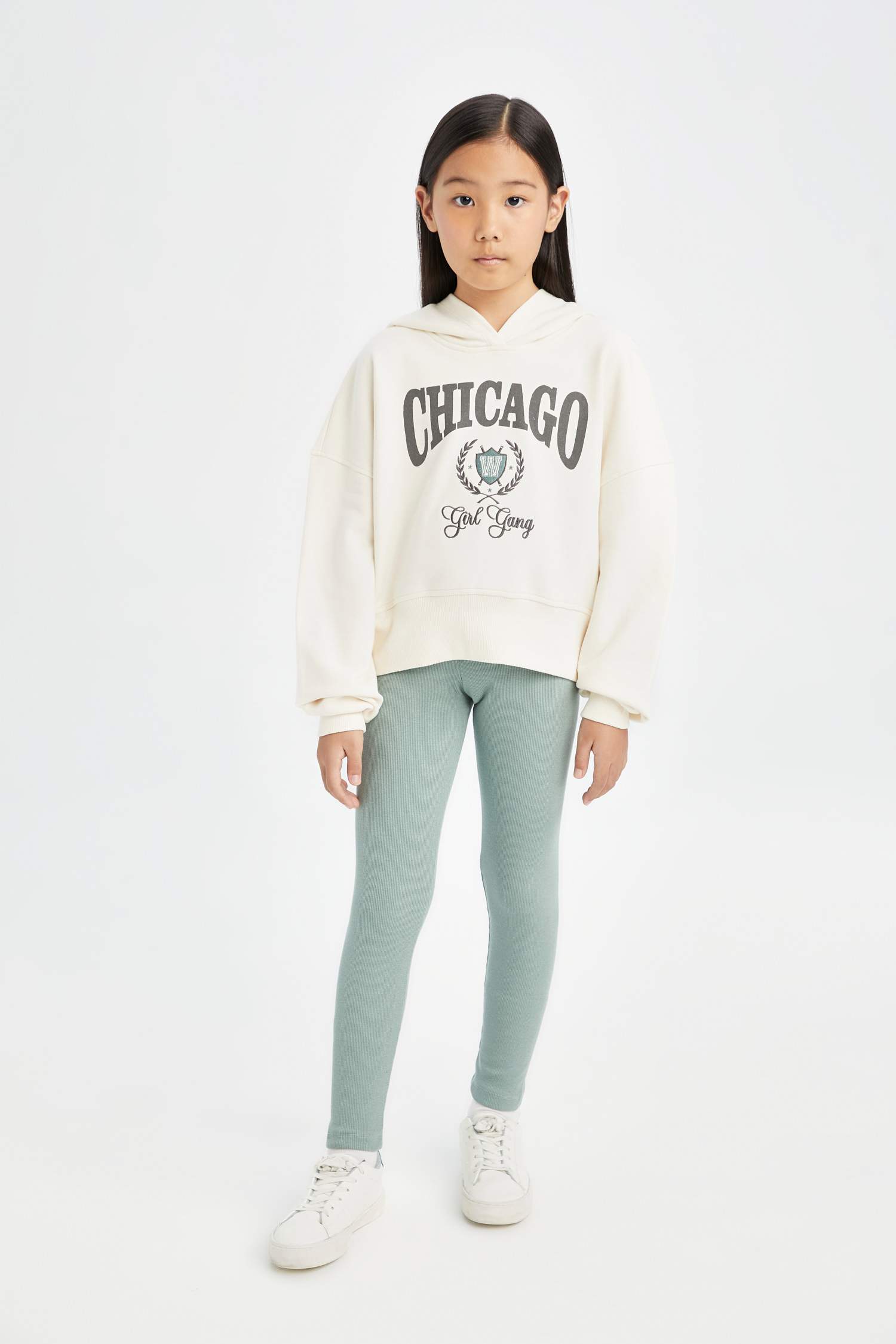 Kız Çocuk 2'li Takım Kapüşonlu Baskılı Sweatshirt Beli Lastikli Fitilli Kaşkorse Tayt