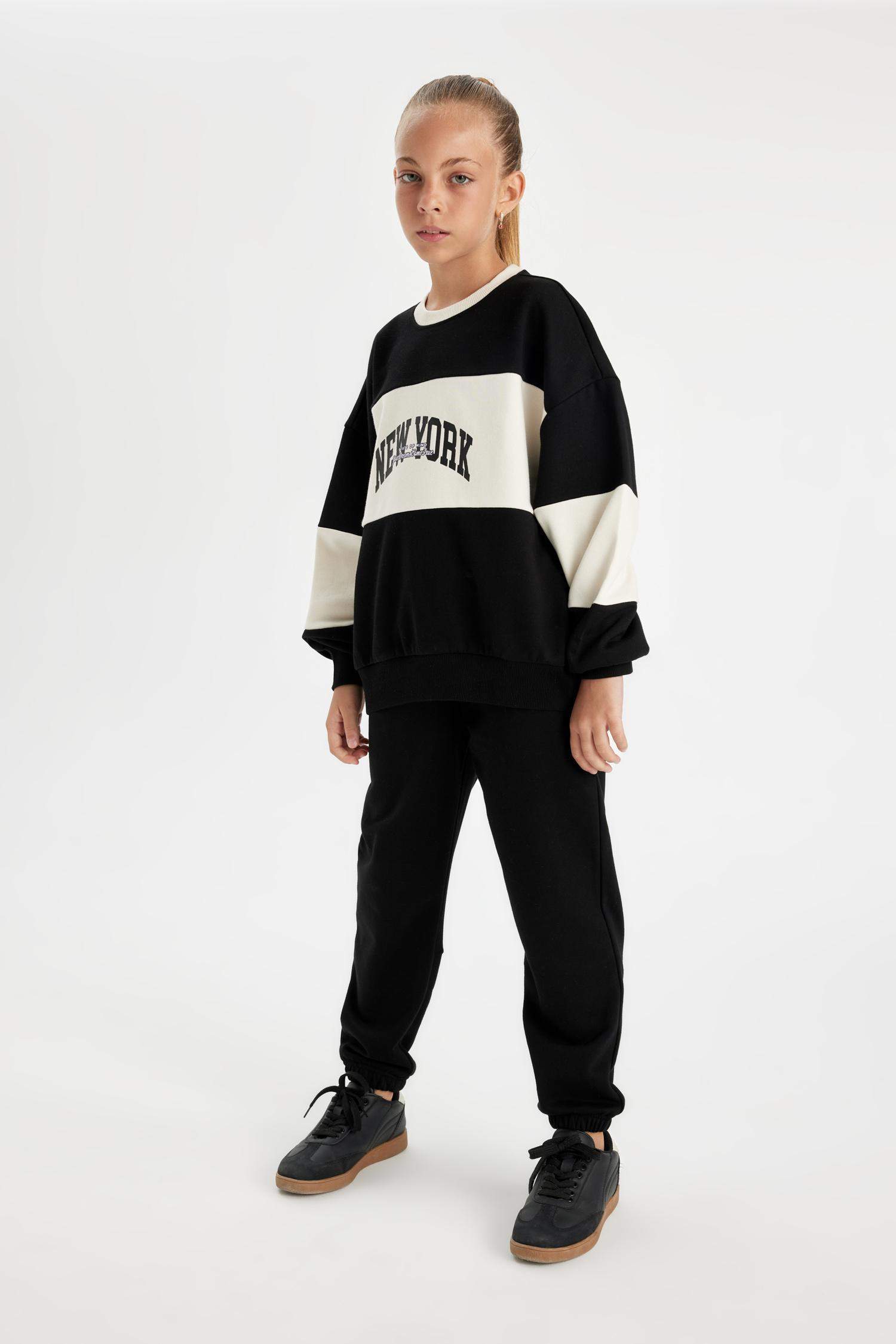 Kız Çocuk Baskılı Beli Paçası Lastikli Cepli Siyah Jogger Eşofman Altı