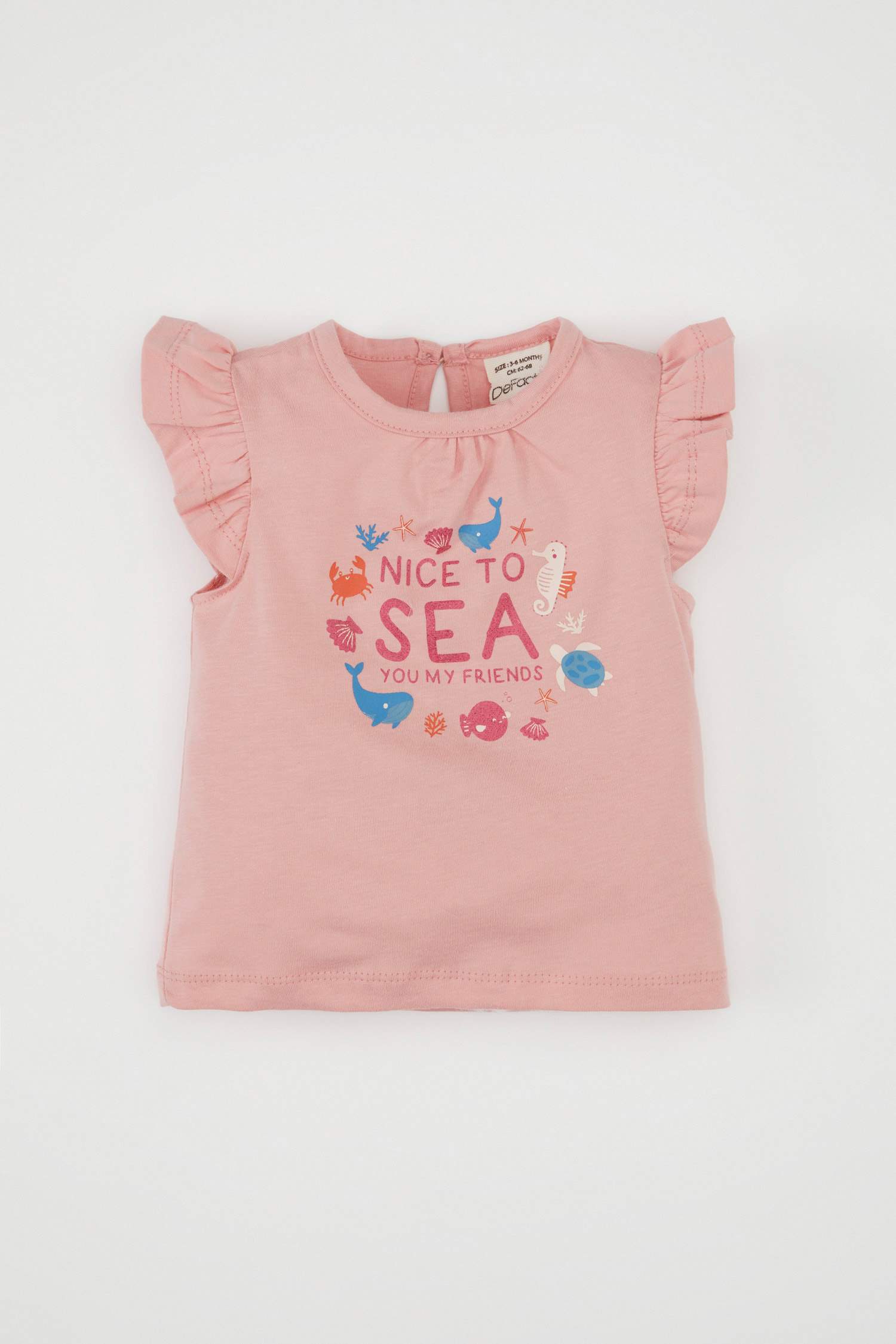 Baby Girl Sea Printed Ribbed T-Shirt Strap Jumpsuit 2 Piece Set