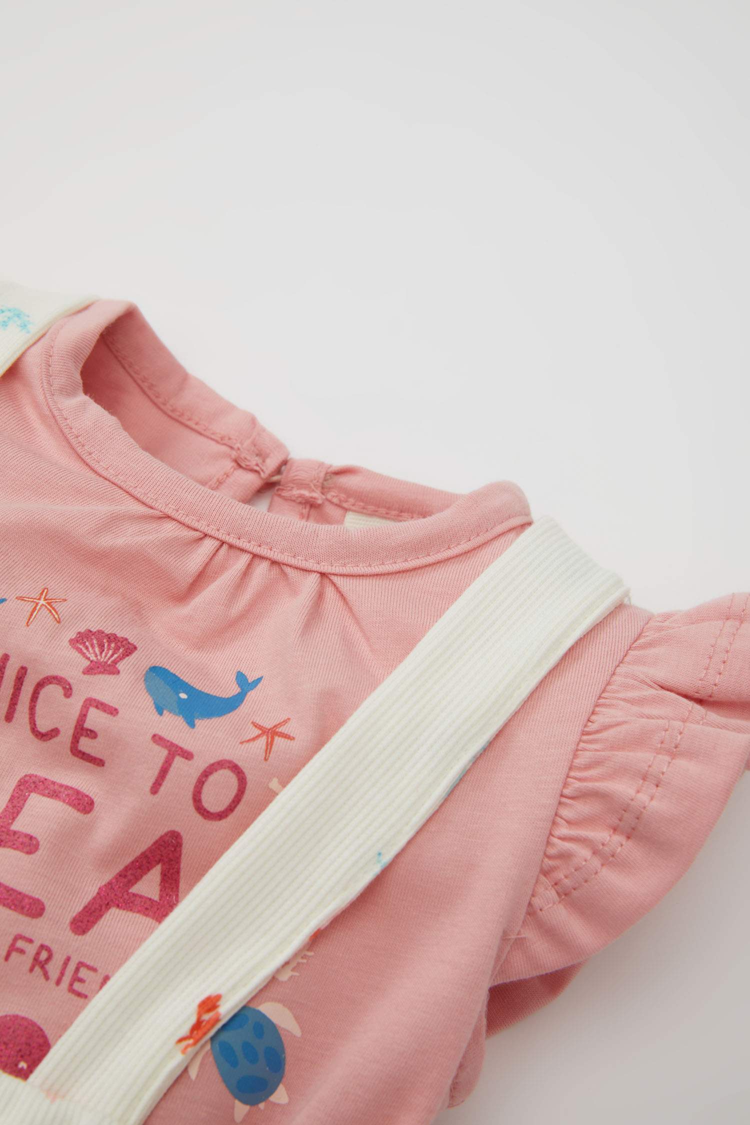 Baby Girl Sea Printed Ribbed T-Shirt Strap Jumpsuit 2 Piece Set