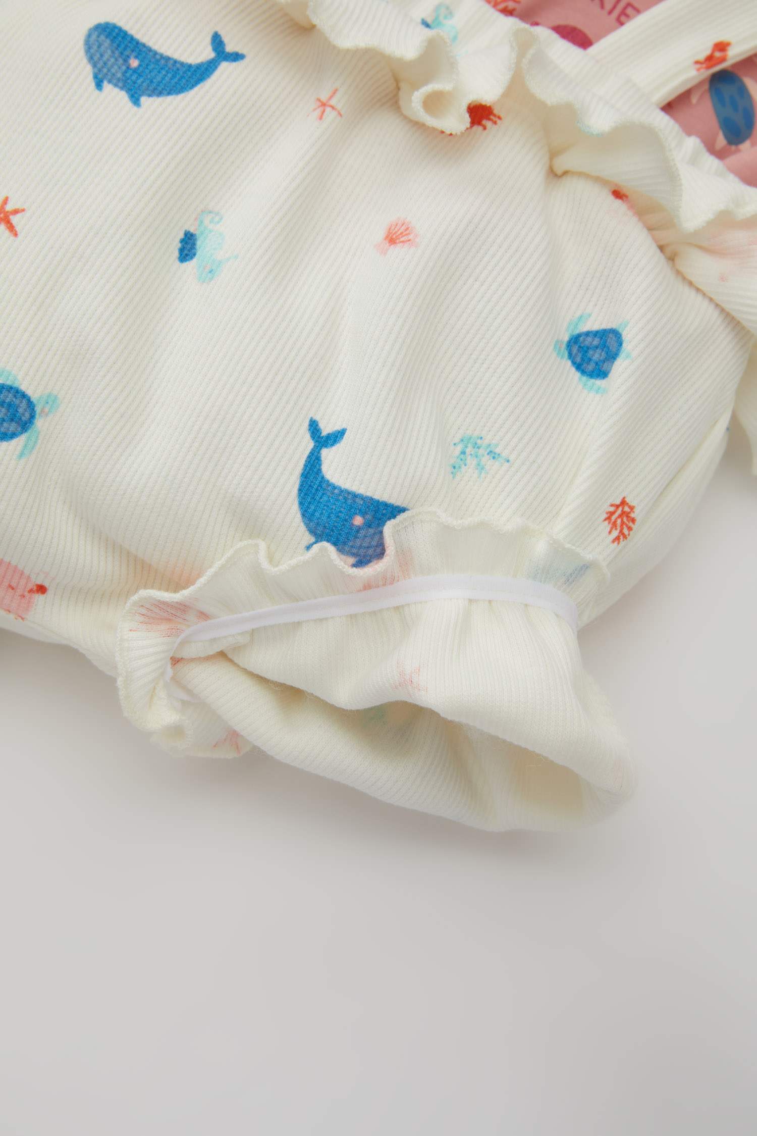 Baby Girl Sea Printed Ribbed T-Shirt Strap Jumpsuit 2 Piece Set