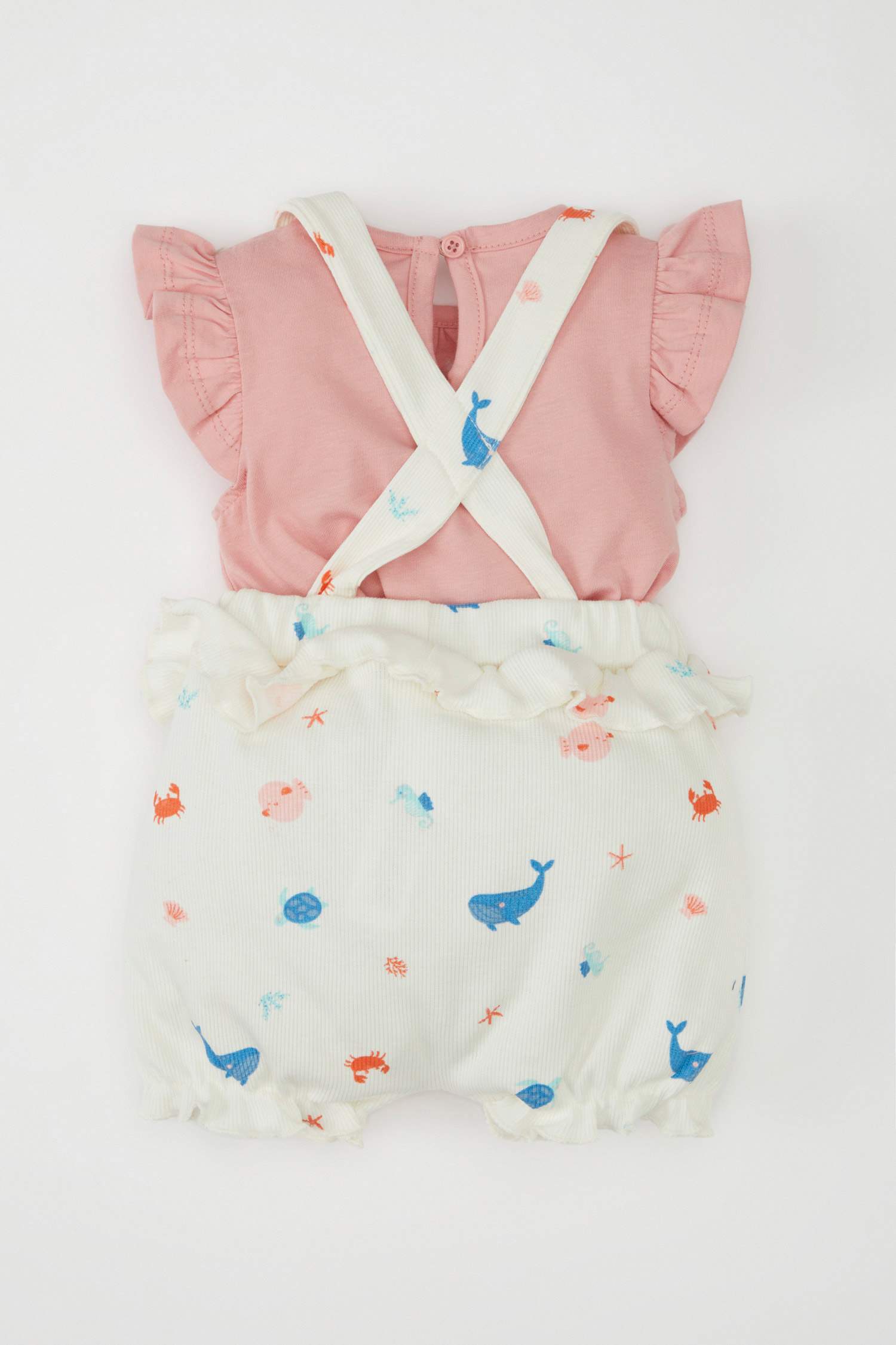 Baby Girl Sea Printed Ribbed T-Shirt Strap Jumpsuit 2 Piece Set